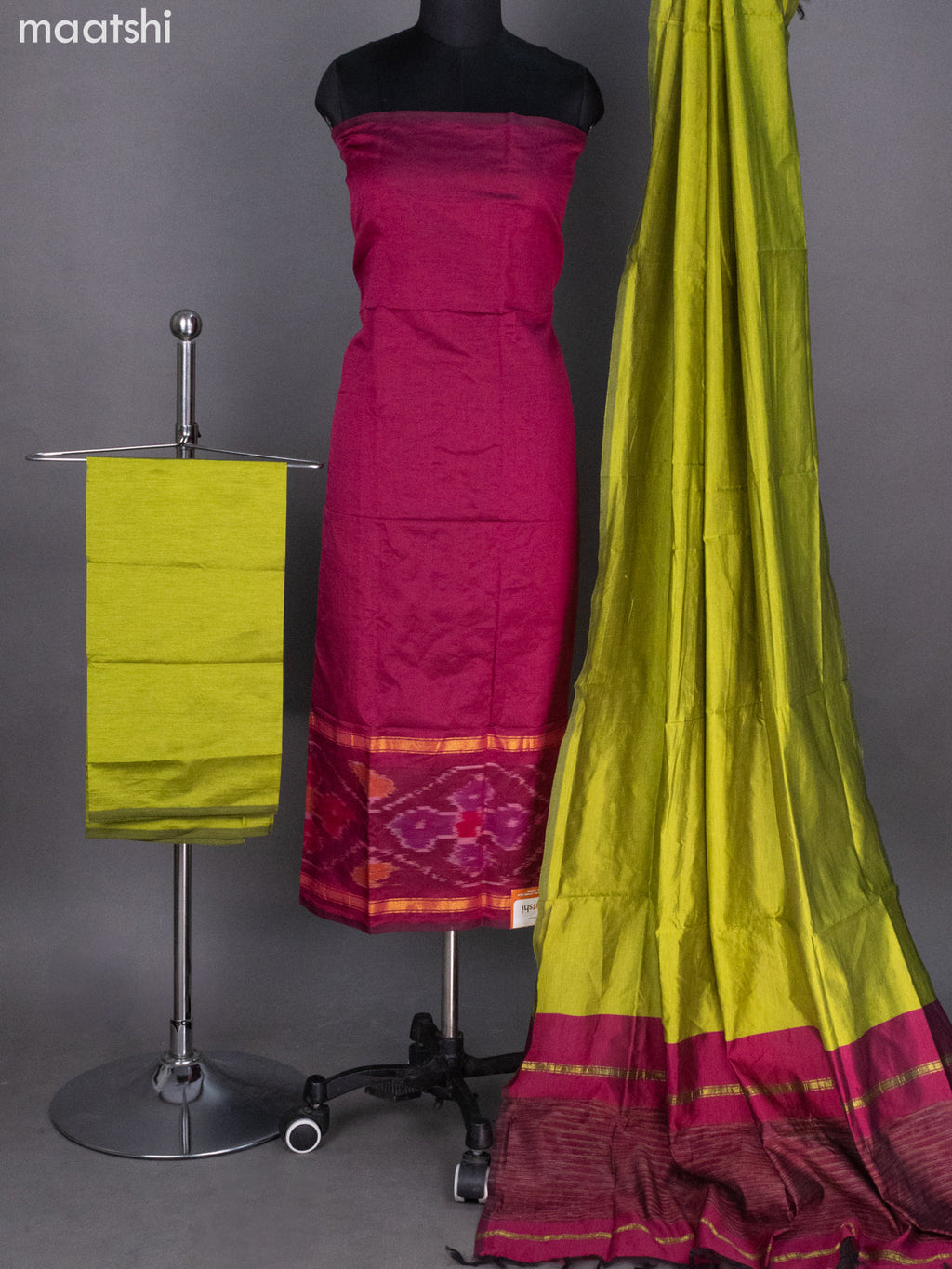 Magenta Pink and Lime Green Ikat Dress Material With Ikat Weaves