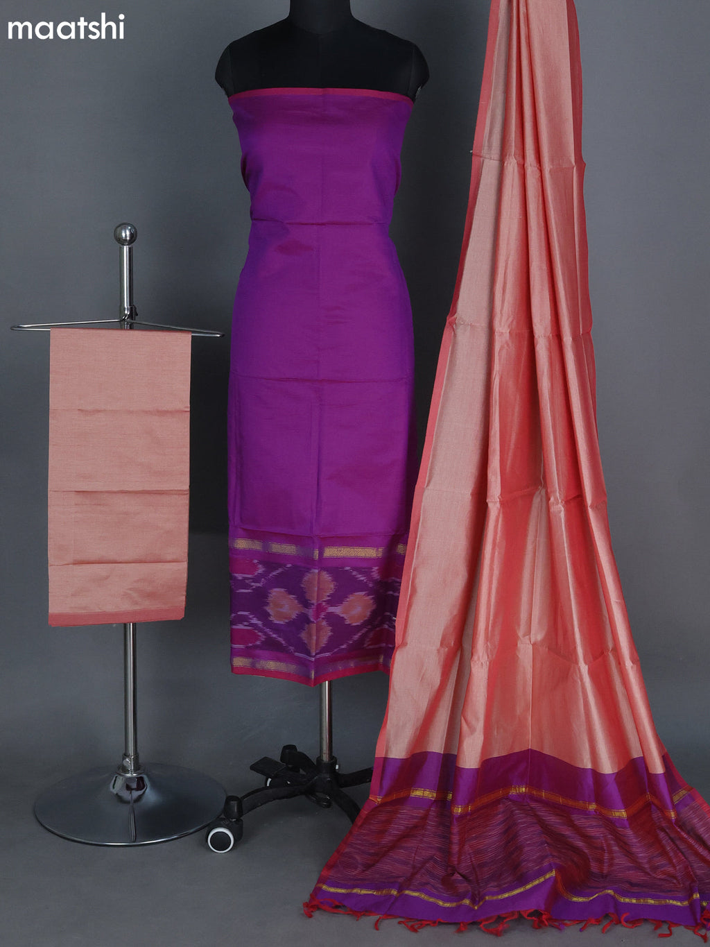 Dual Shade Of Purple and Dual Shade Of Sandal Ikat Dress Material With Ikat Weaves