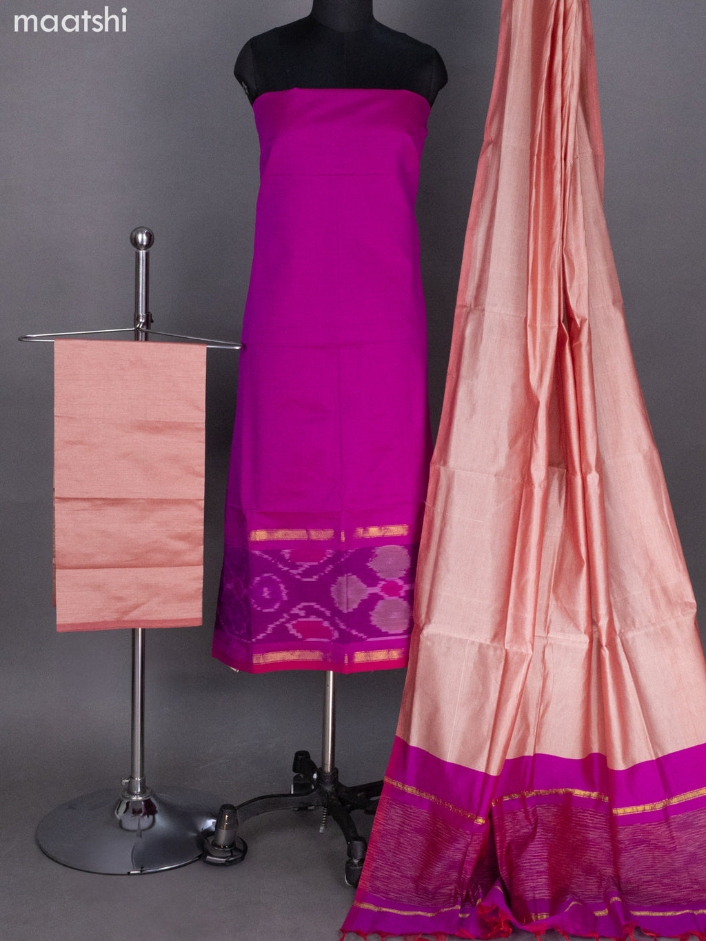 Magenta Pink and Peach Shade Ikat Dress Material With Ikat Weaves