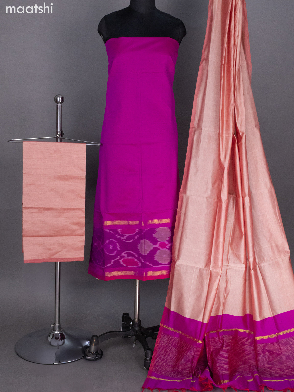 Magenta Pink and Peach Shade Ikat Dress Material With Ikat Weaves