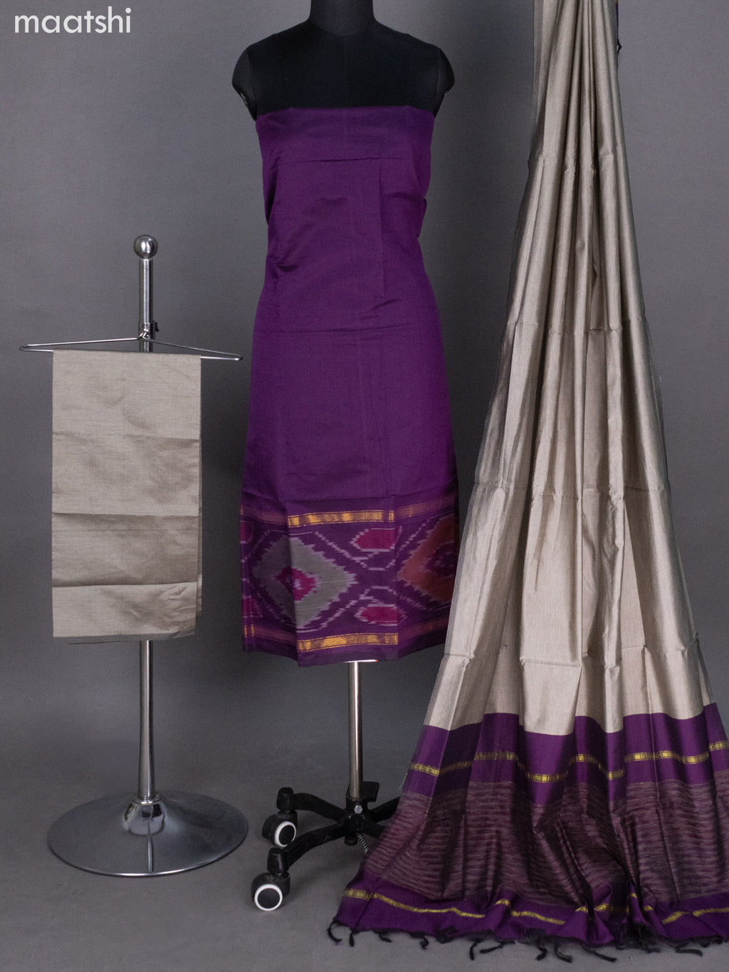 Deep Purple and Grey Ikat Dress Material With Ikat Weaves