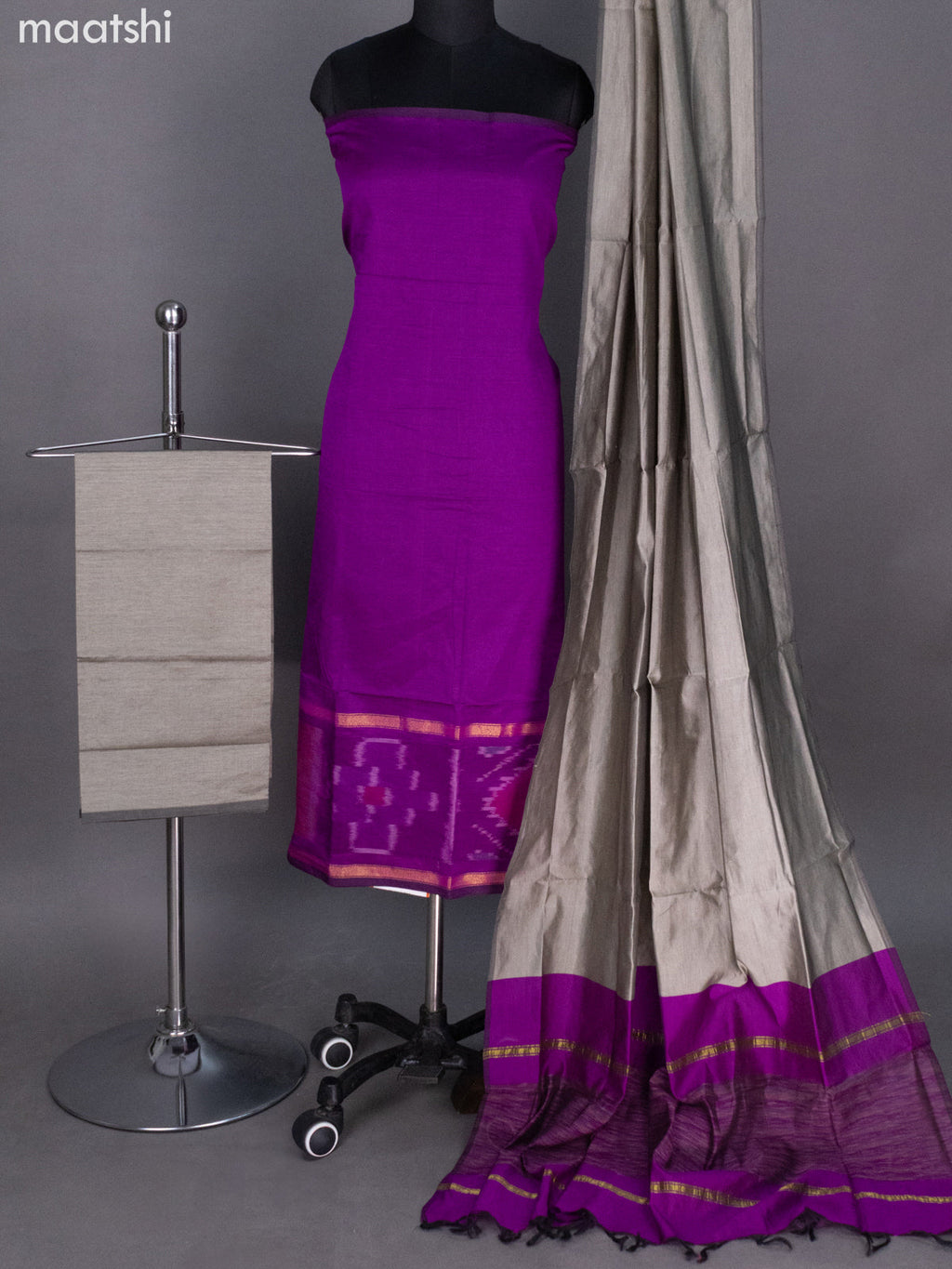 Purple and Grey Ikat Dress Material With Ikat Weaves