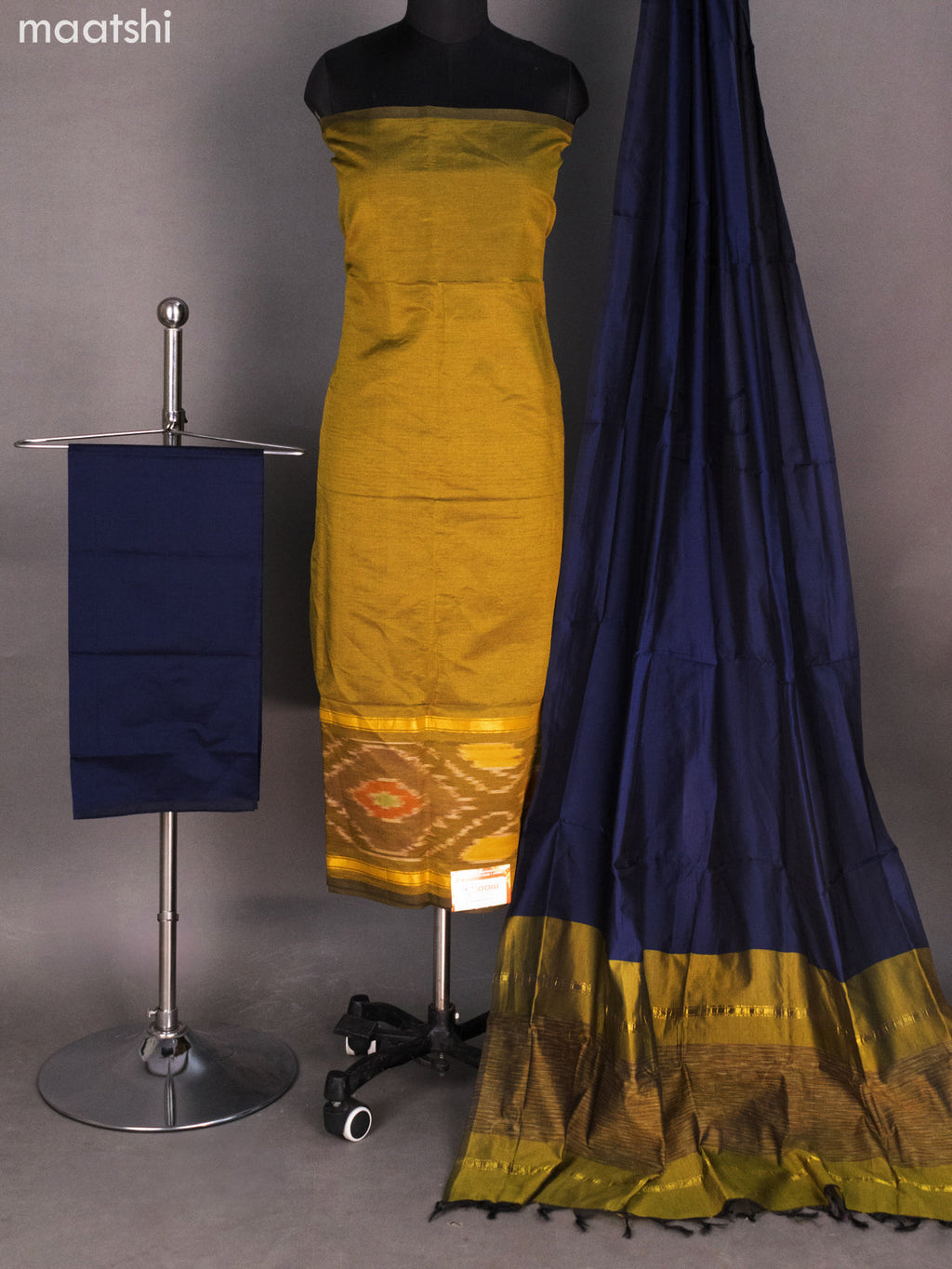 Mehendi Green and Navy Blue Ikat Dress Material With Ikat Weaves