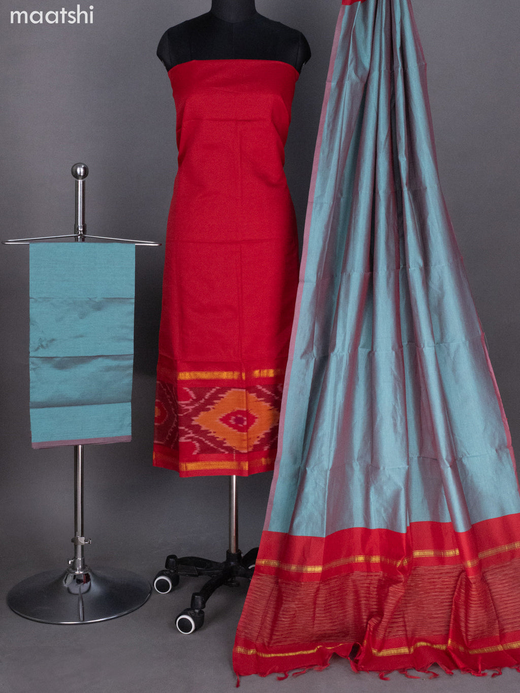 Red and Teal Blue Ikat Dress Material With Ikat Weaves