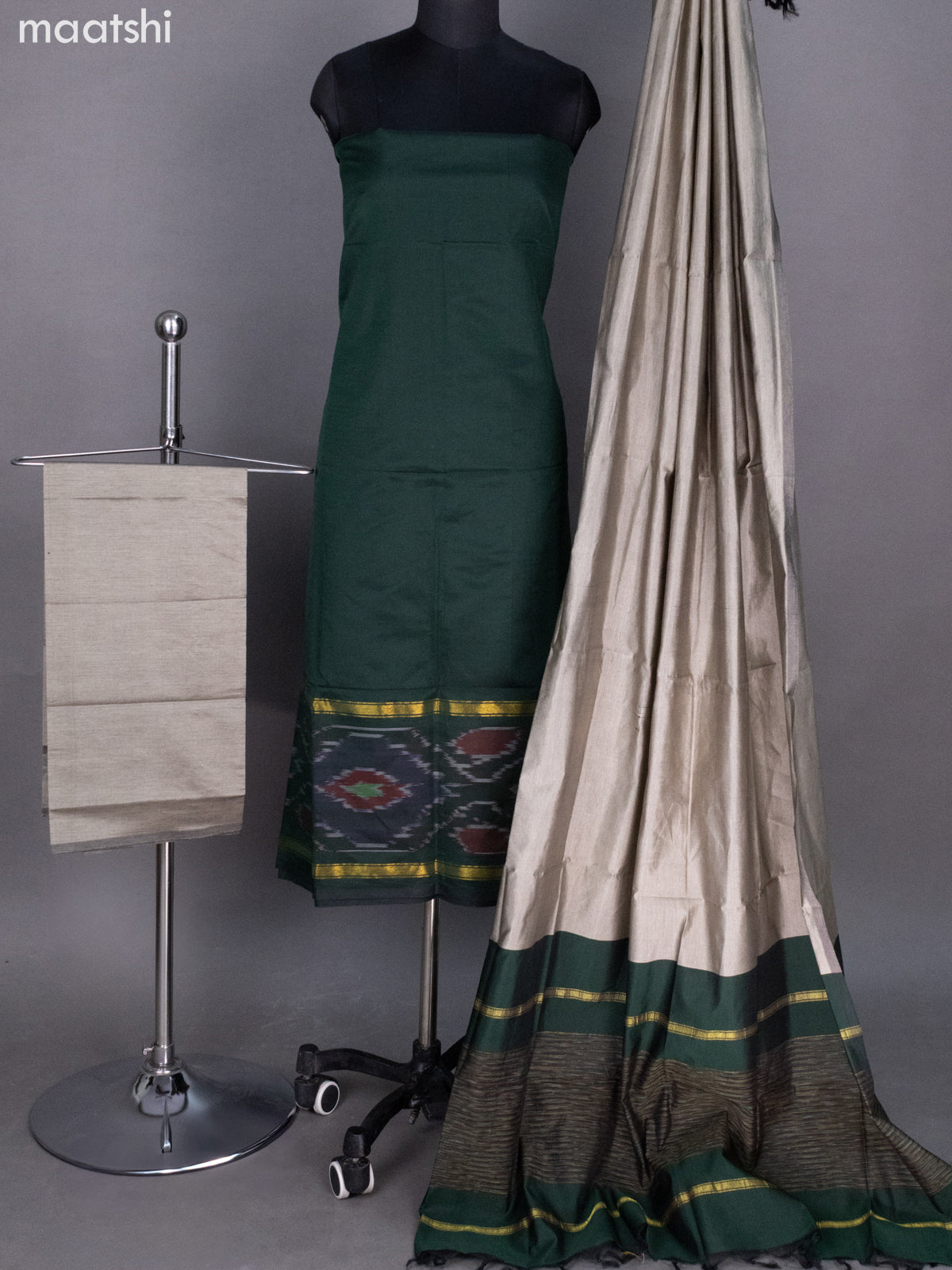 Dark Green and Grey Ikat Dress Material With Ikat Weaves