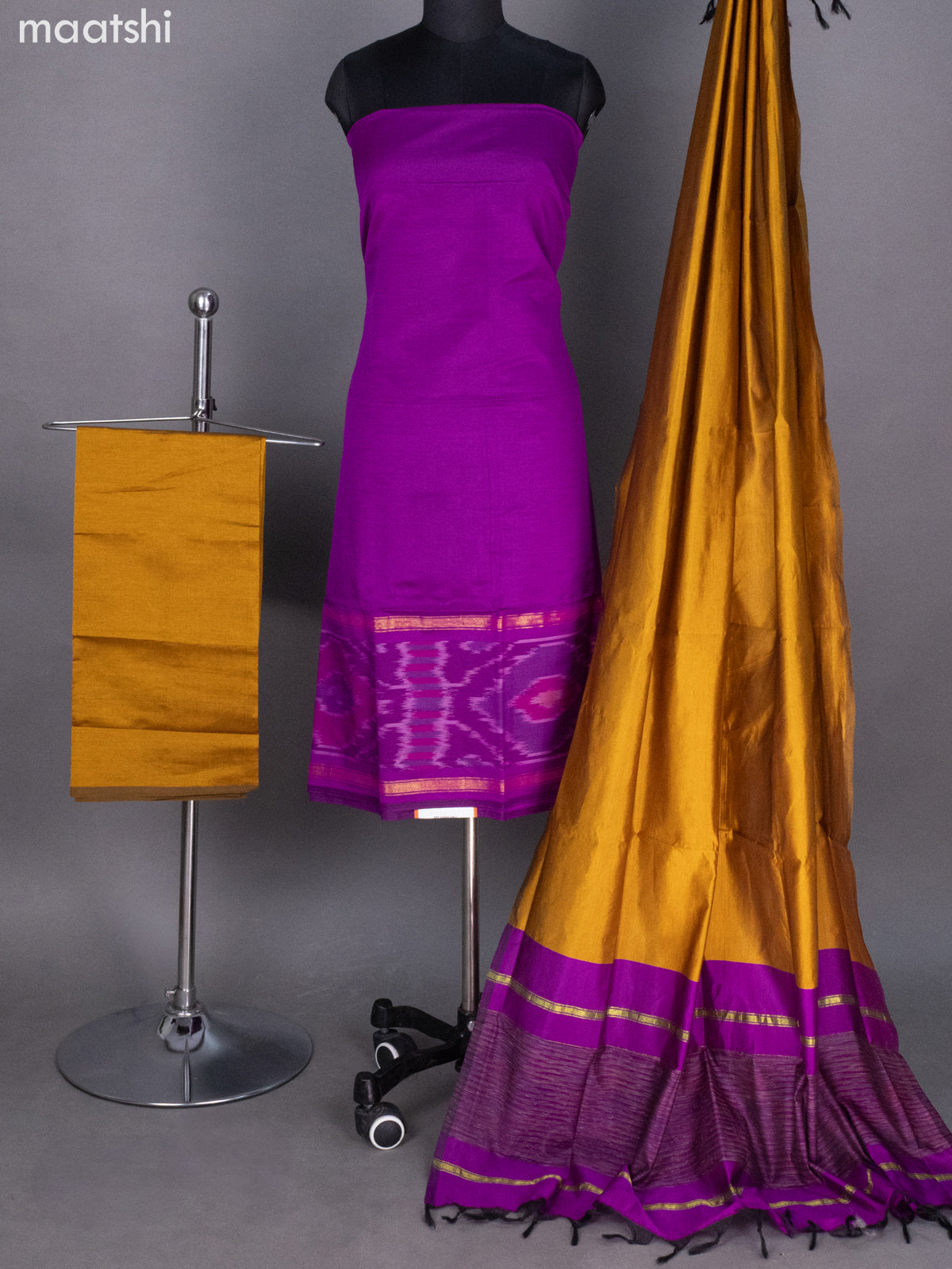 Purple and Mustard Shade Ikat Dress Material With Ikat Weaves