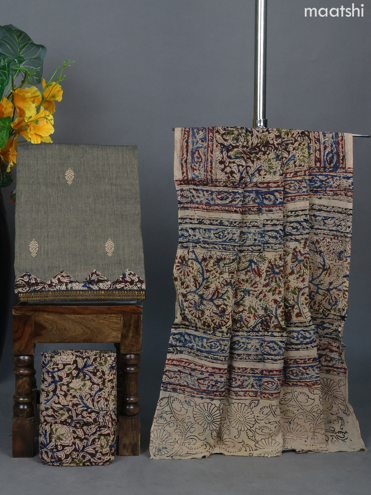 Grey Shade and Dark Brown Cotton Dress Material With Printed Buttas