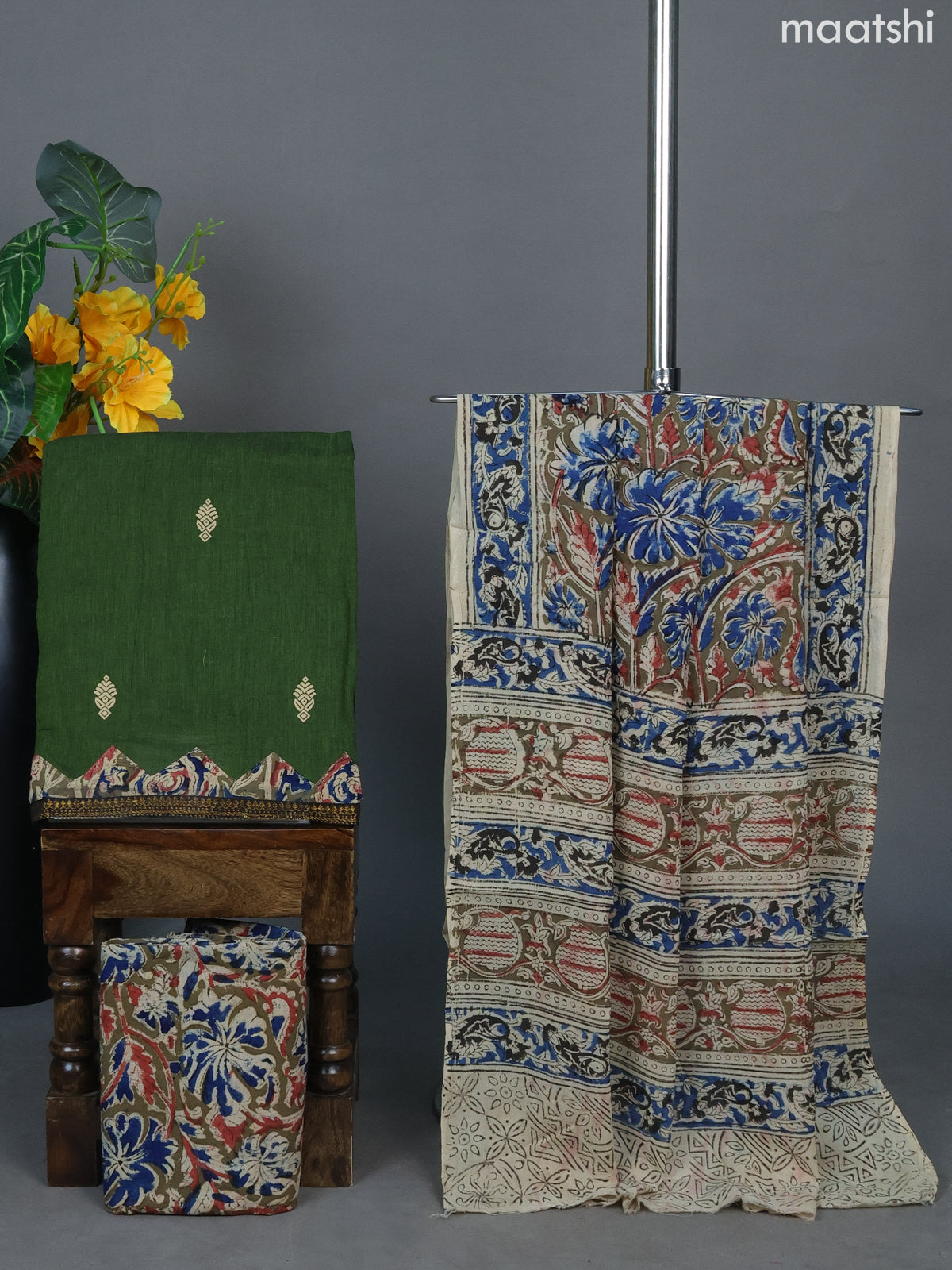 Sap Green and Mehendi Green Cotton Dress Material With Printed Buttas