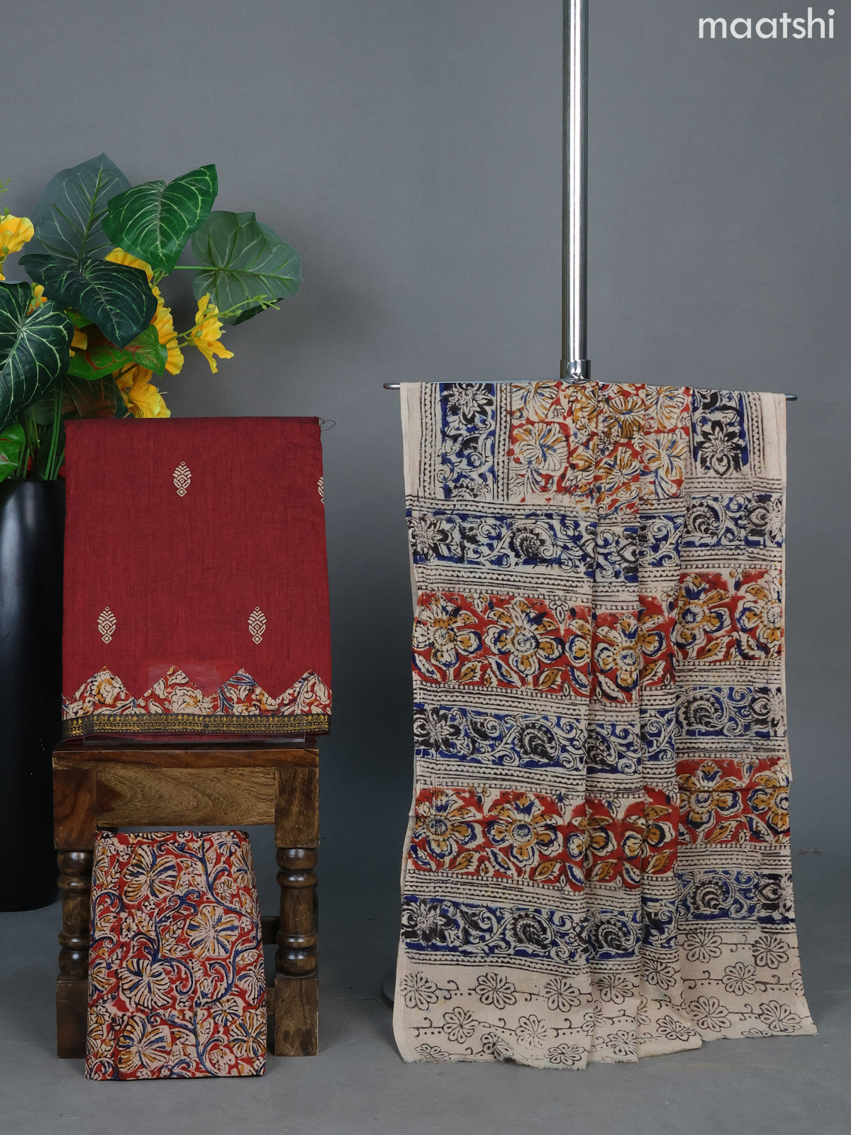 Maroon and Beige Red Cotton Dress Material With Printed Buttas