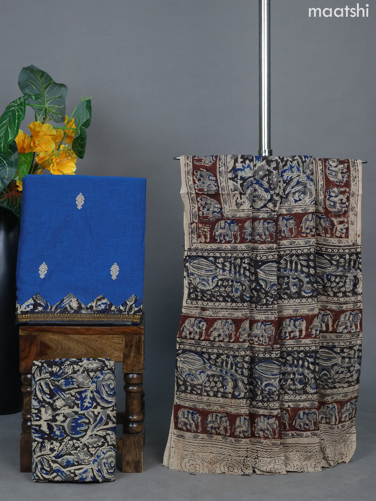 Blue and Black Beige Cotton Dress Material With Printed Buttas