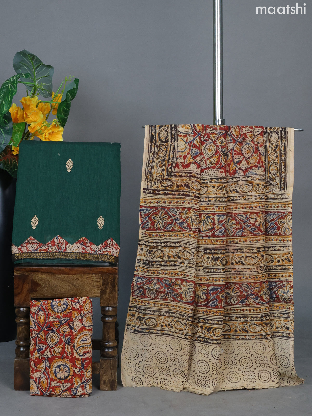 Green and Maroon Beige Cotton Dress Material With Printed Buttas