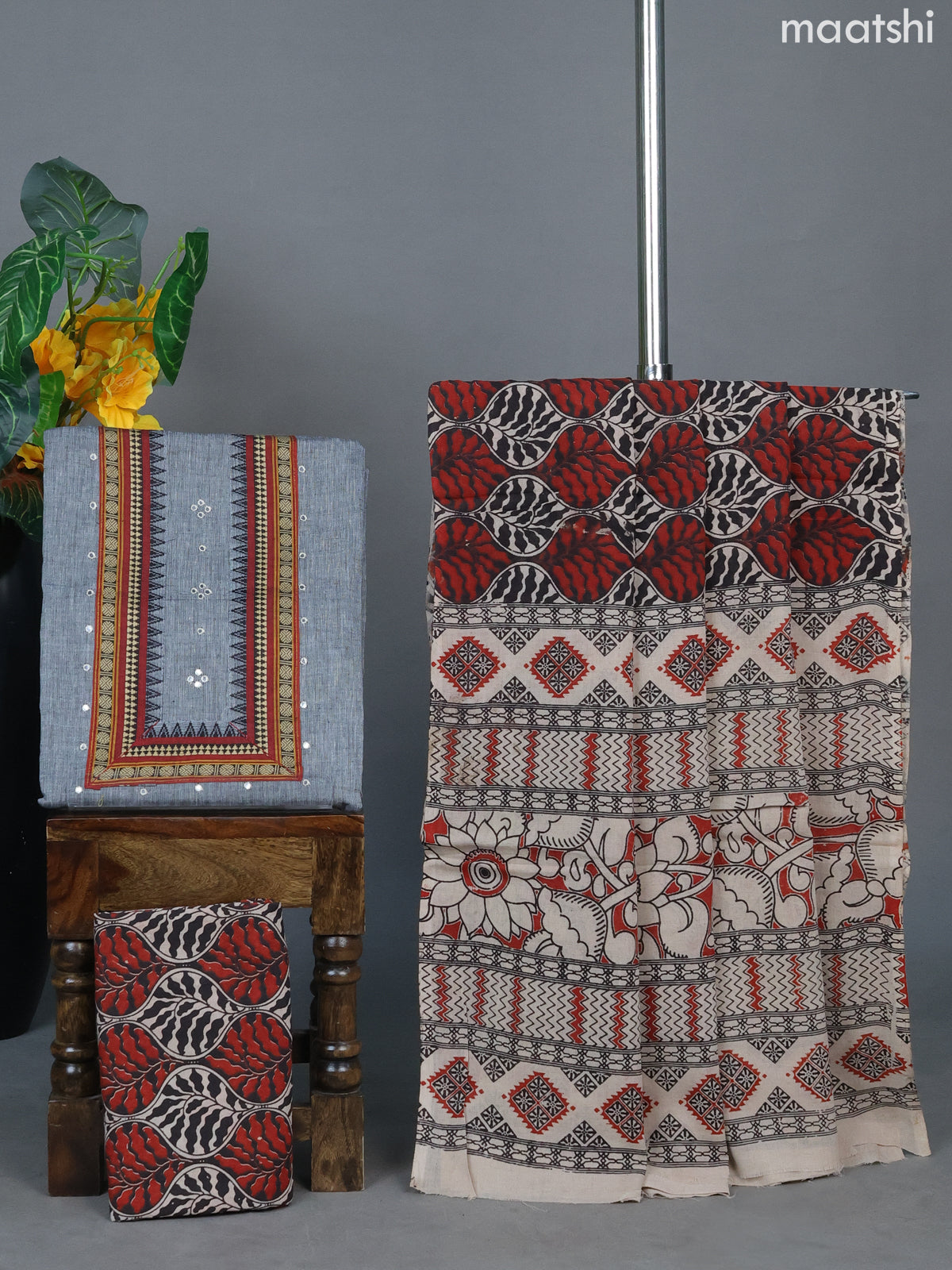 Grey and Black Maroon Cotton Dress Material With Embroidery Work Neck Pattern