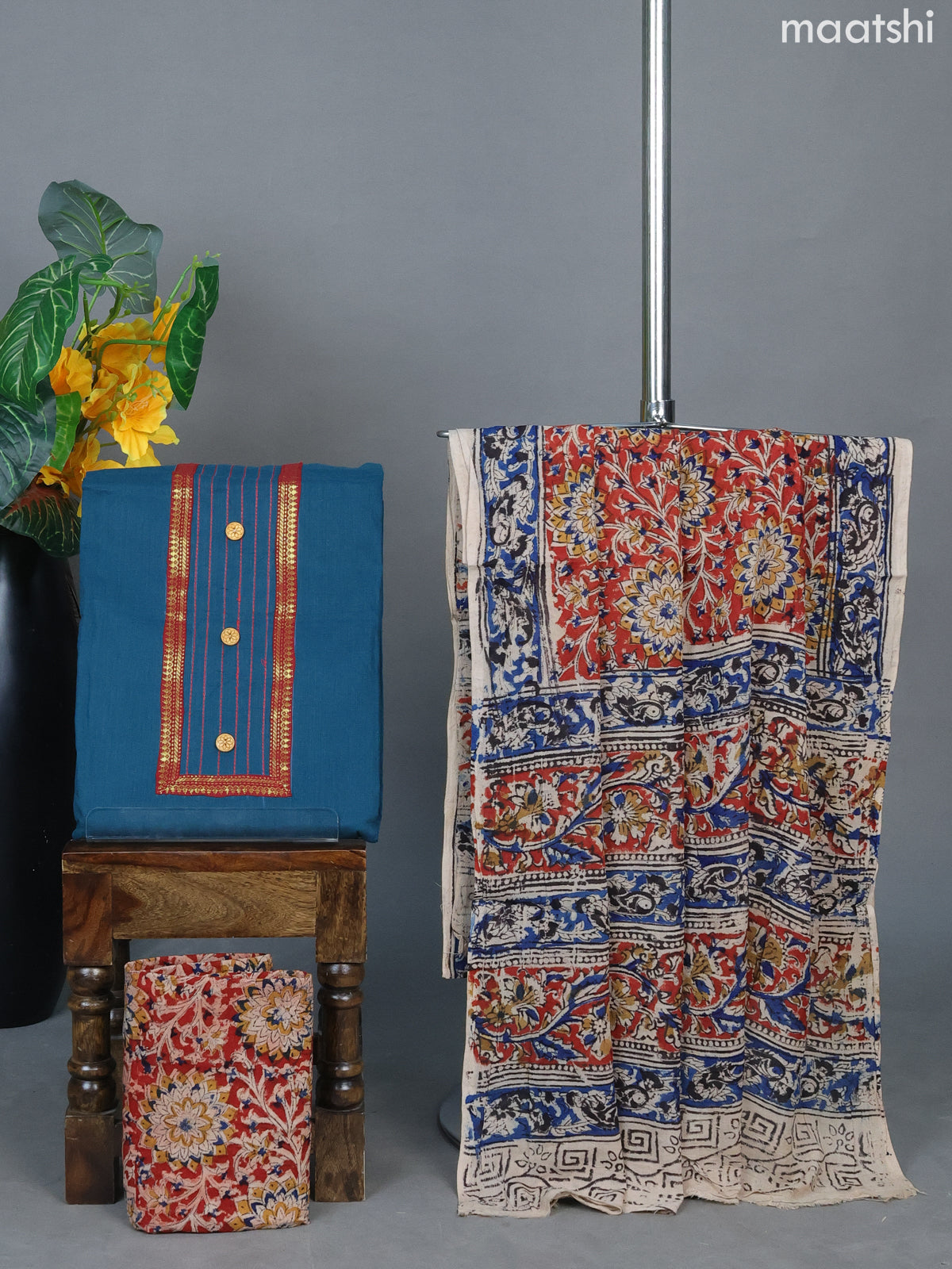 Peacock Blue and Maroon Cotton Dress Material With Embroidery Work Neck Pattern