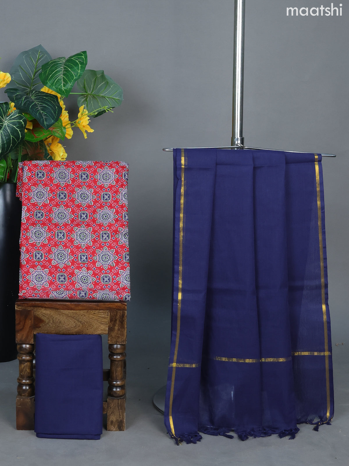 Red and Blue Cotton Dress Material With Ajrakh Prints