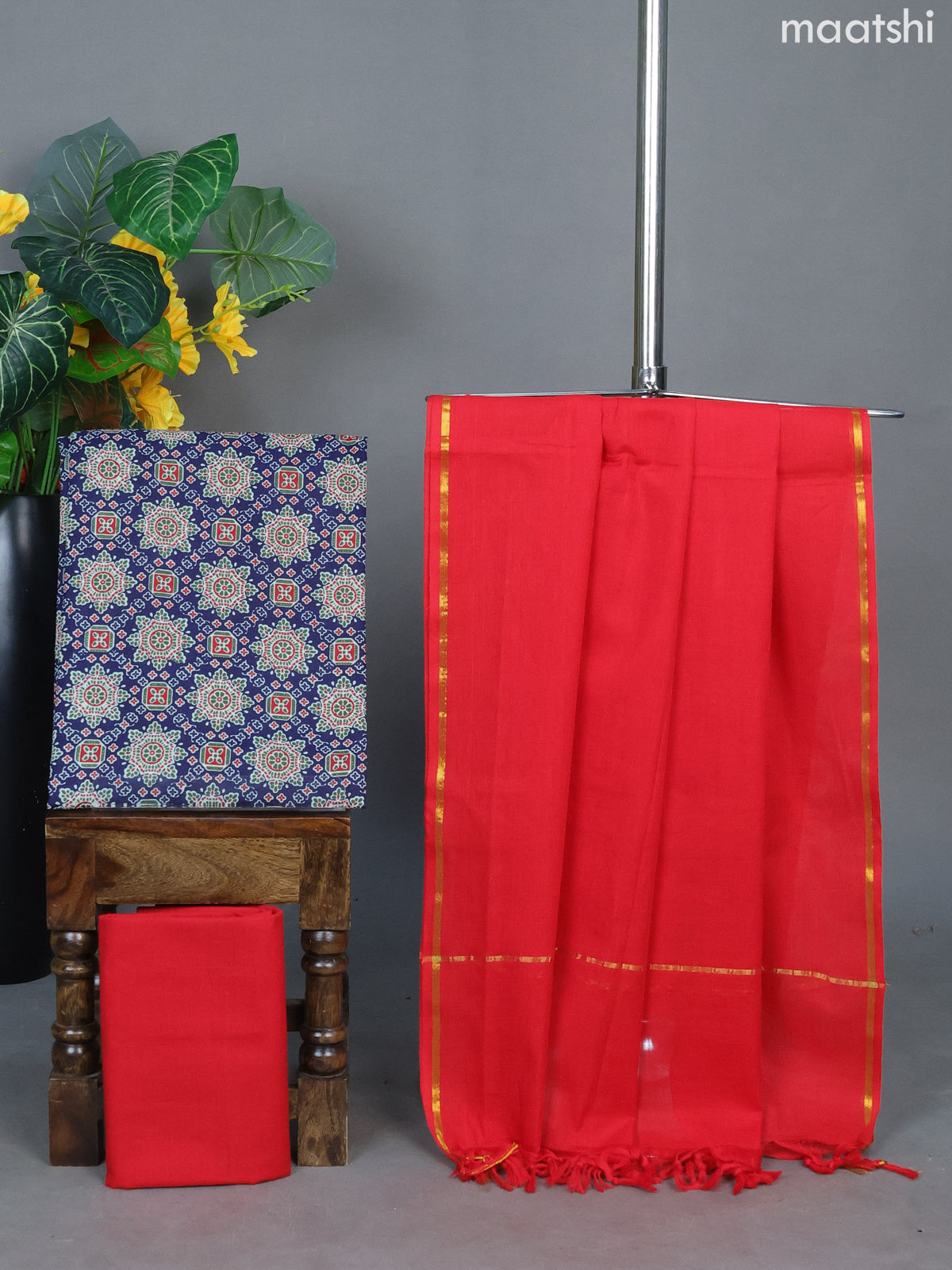 Blue and Red Cotton Dress Material With Ajrakh Prints