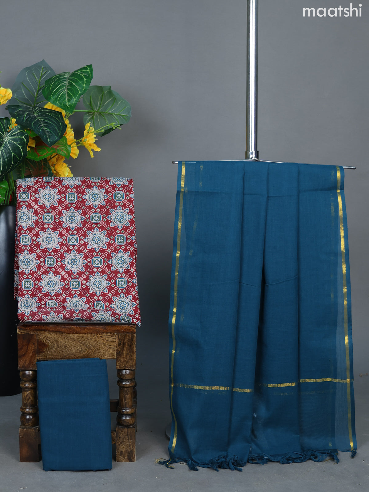 Maroon and Peacock Green Cotton Dress Material With Ajrakh Prints