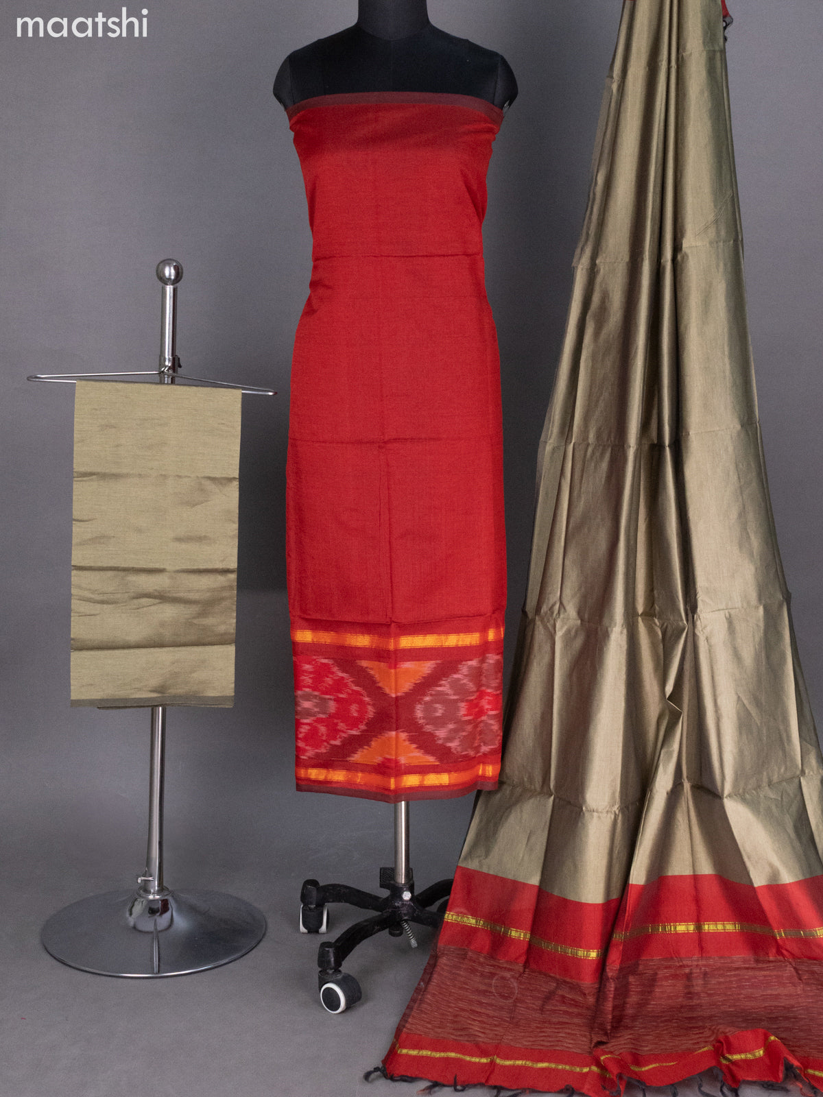 Maroon and Grey Shade Ikat Dress Material With Ikat Weaves