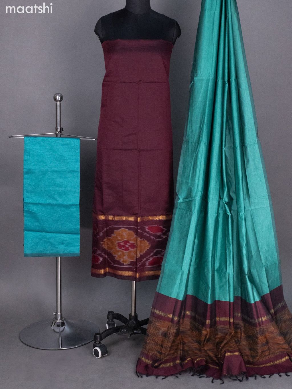 Deep Maroon and Teal Blue Ikat Dress Material With Ikat Weaves