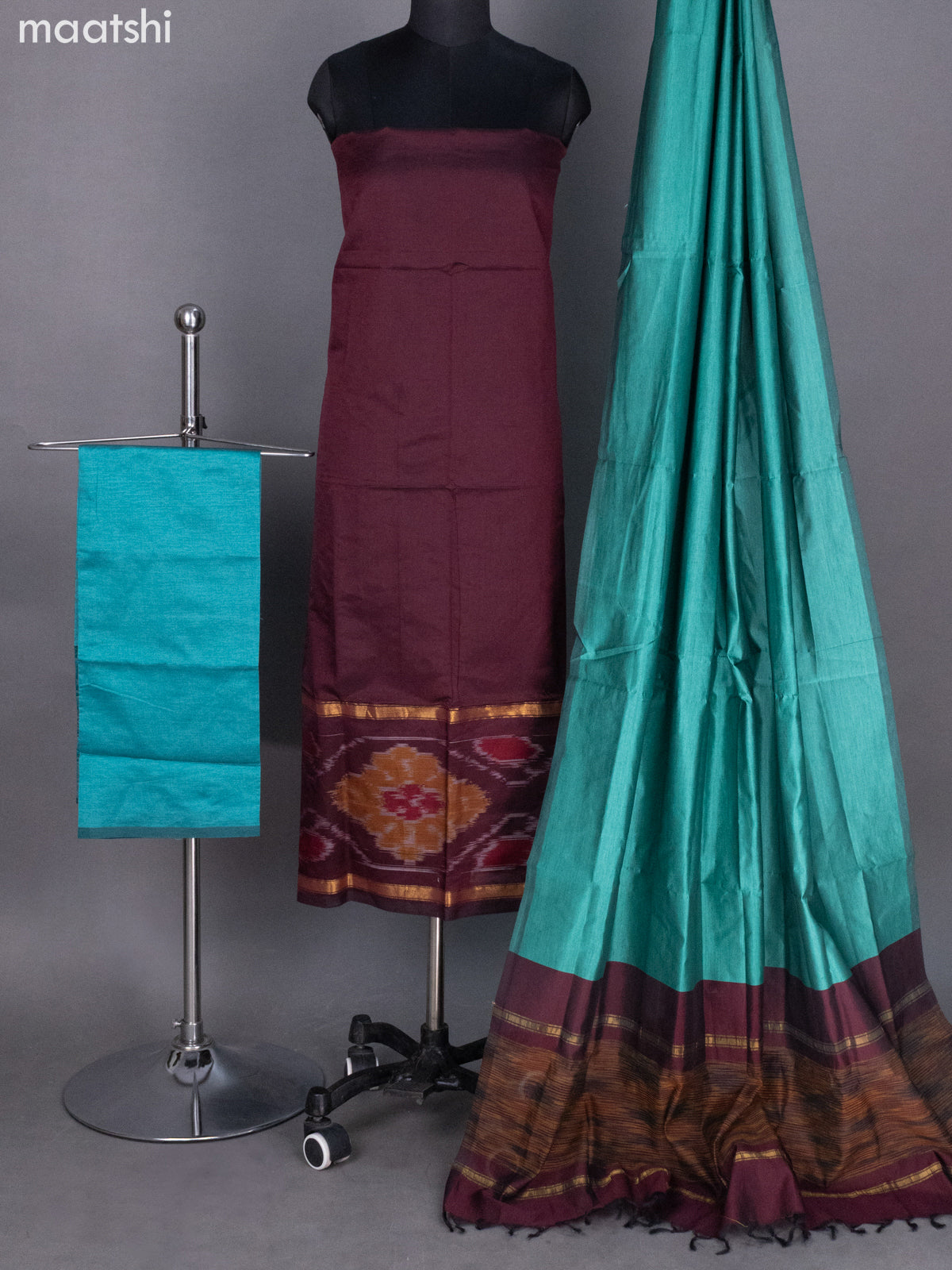 Deep Maroon and Teal Blue Ikat Dress Material With Ikat Weaves