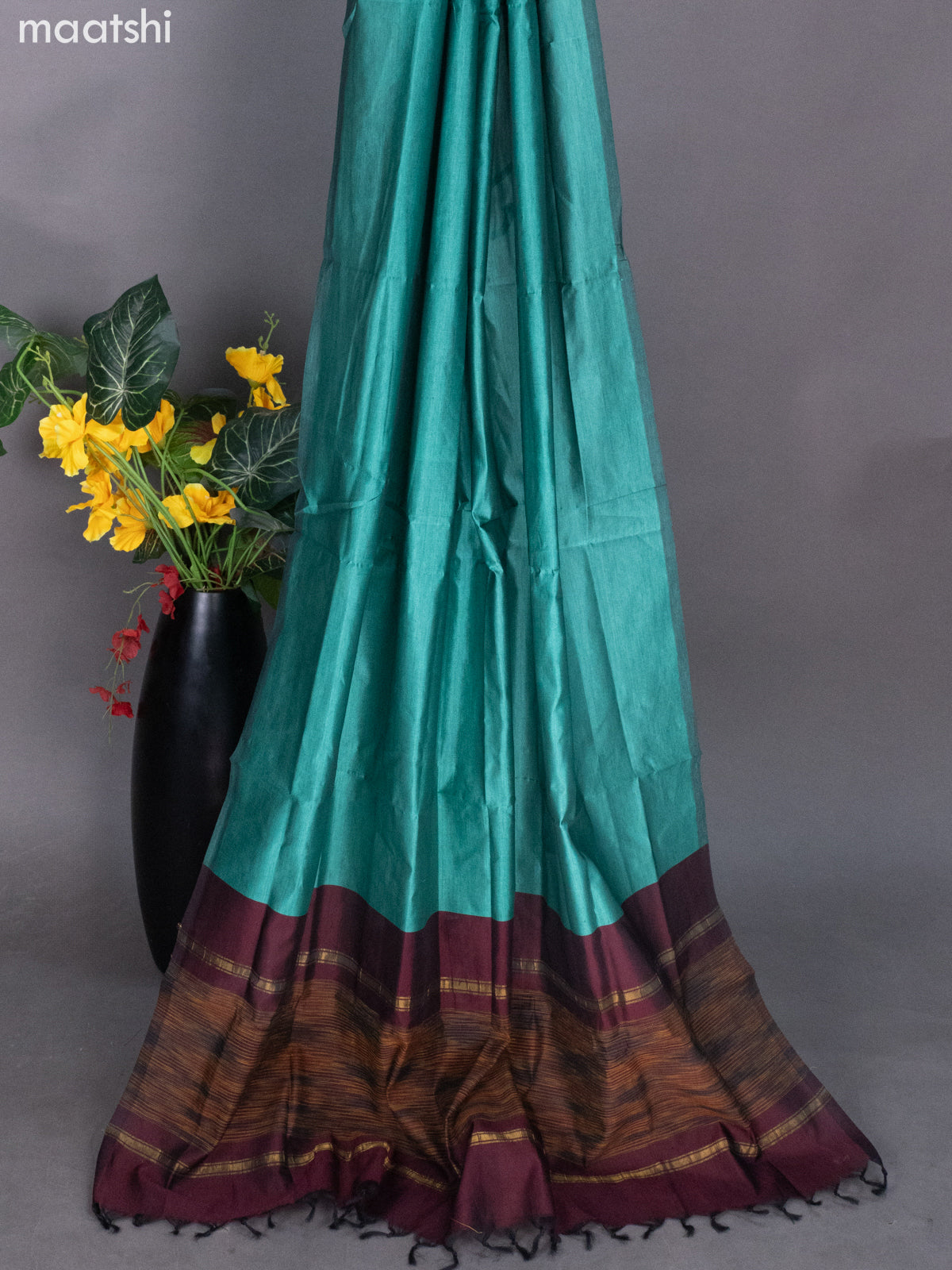 Deep Maroon and Teal Blue Ikat Dress Material With Ikat Weaves