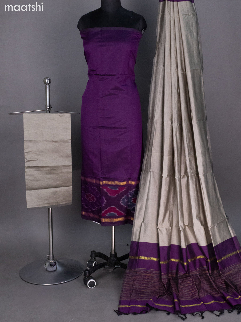 Deep Purple and Grey Ikat Dress Material With Ikat Weaves