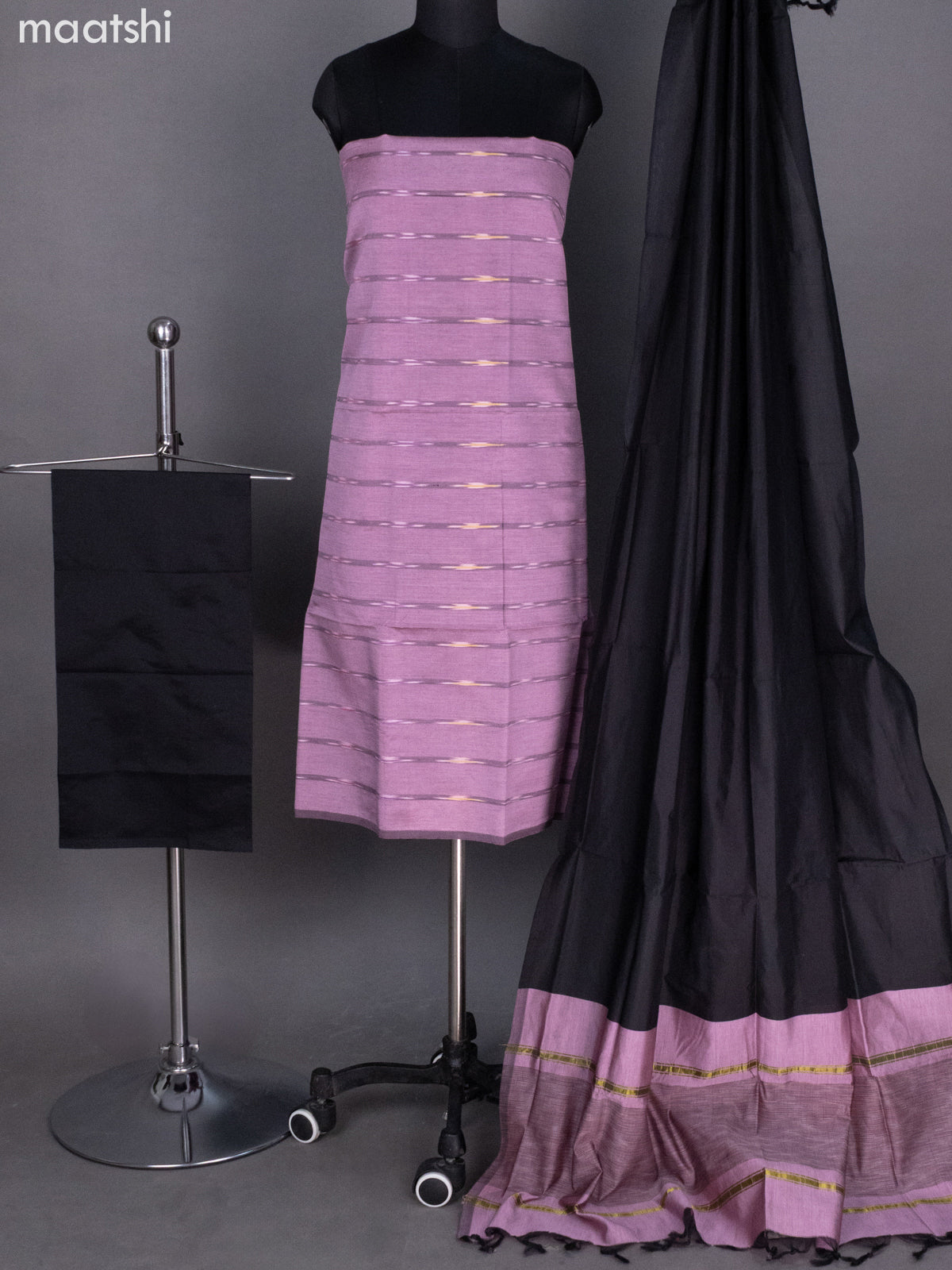 Pastel Pink and Black Ikat Dress Material With Allover Ikat Weaves