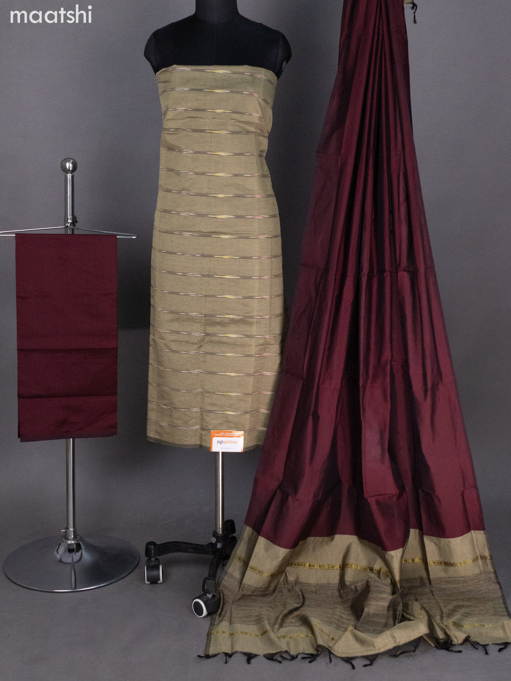 Elaichi Green and Dark Maroon Ikat Dress Material With Allover Ikat Weaves