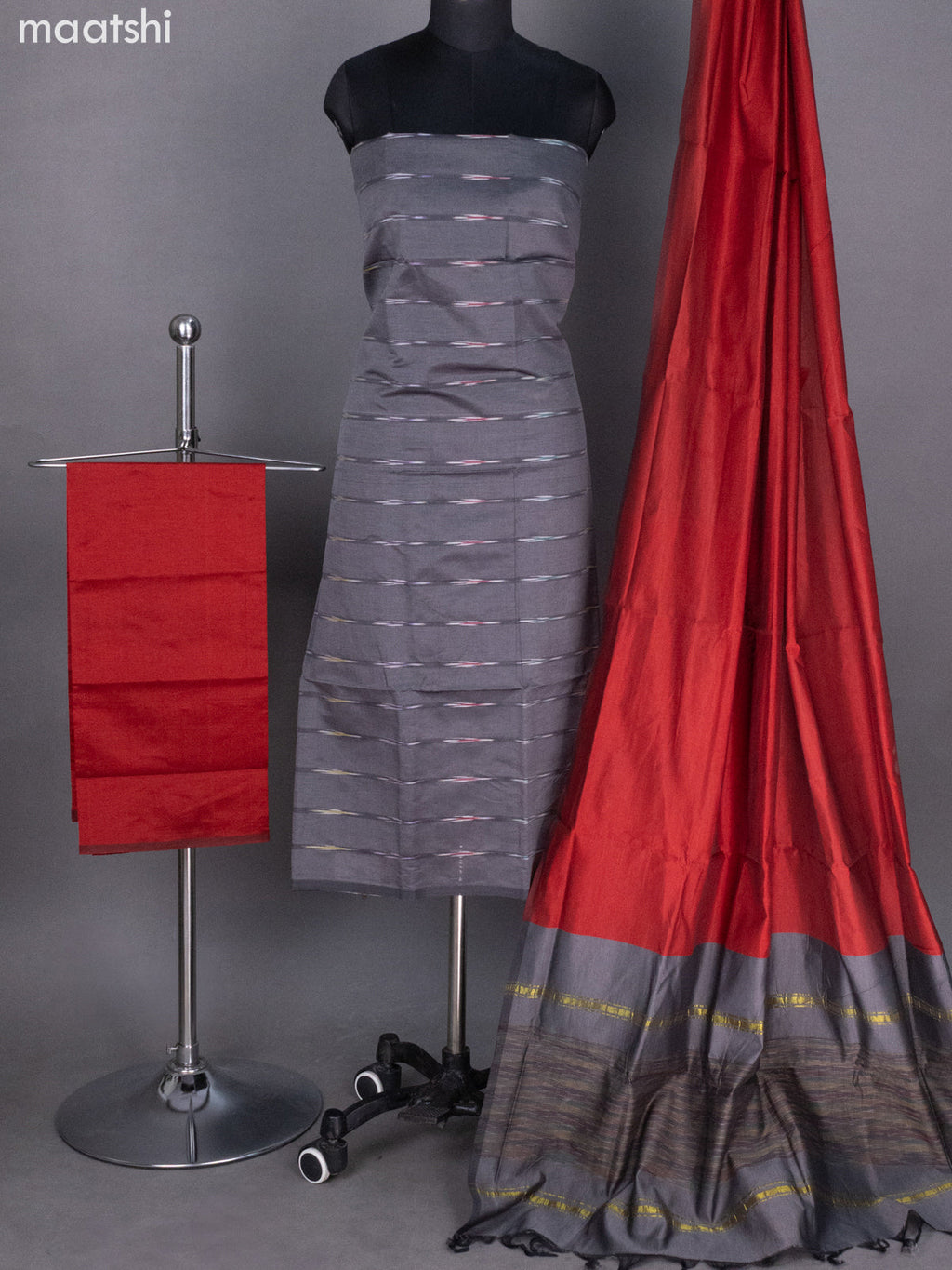 Grey and Rustic Maroon Ikat Dress Material With Allover Ikat Weaves