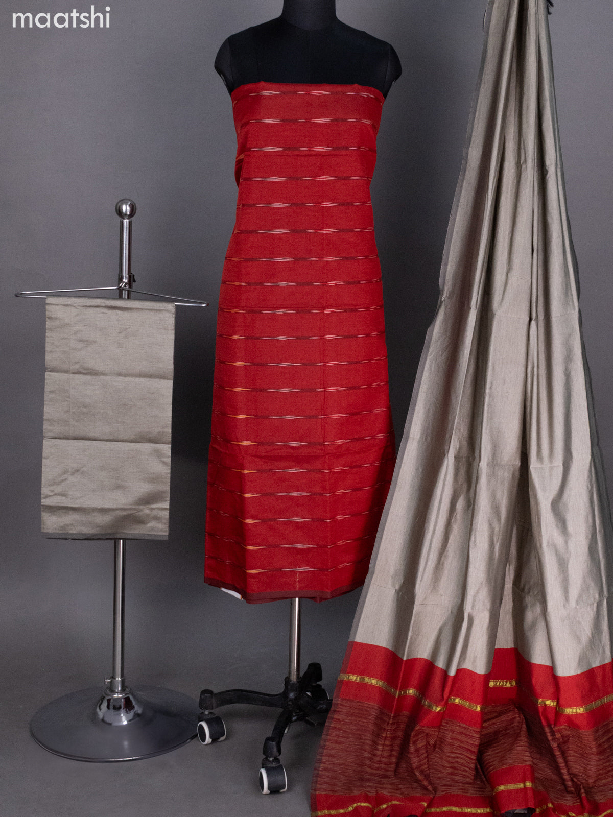 Maroon and Grey Ikat Dress Material With Allover Ikat Weaves