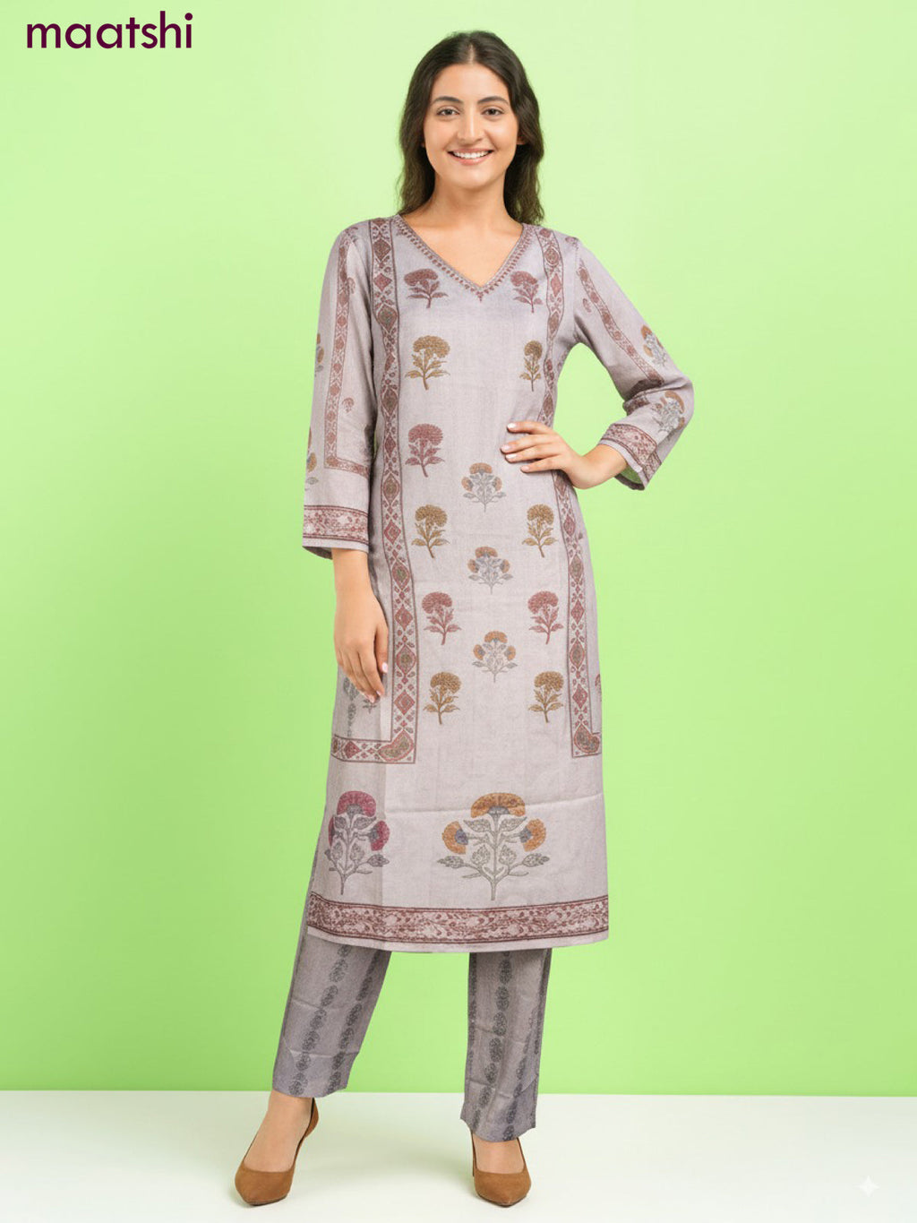 Cotton salwar suit beige with floral buttas & beaded mirror work v neck pattern and straight cut pant & dupatta