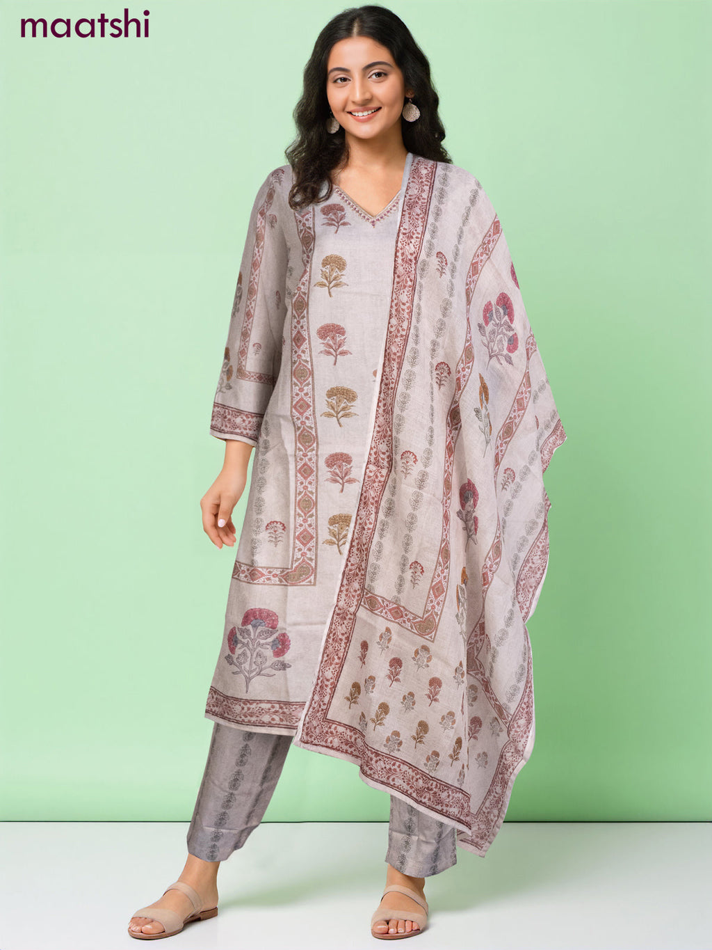 Cotton salwar suit beige with floral buttas & beaded mirror work v neck pattern and straight cut pant & dupatta