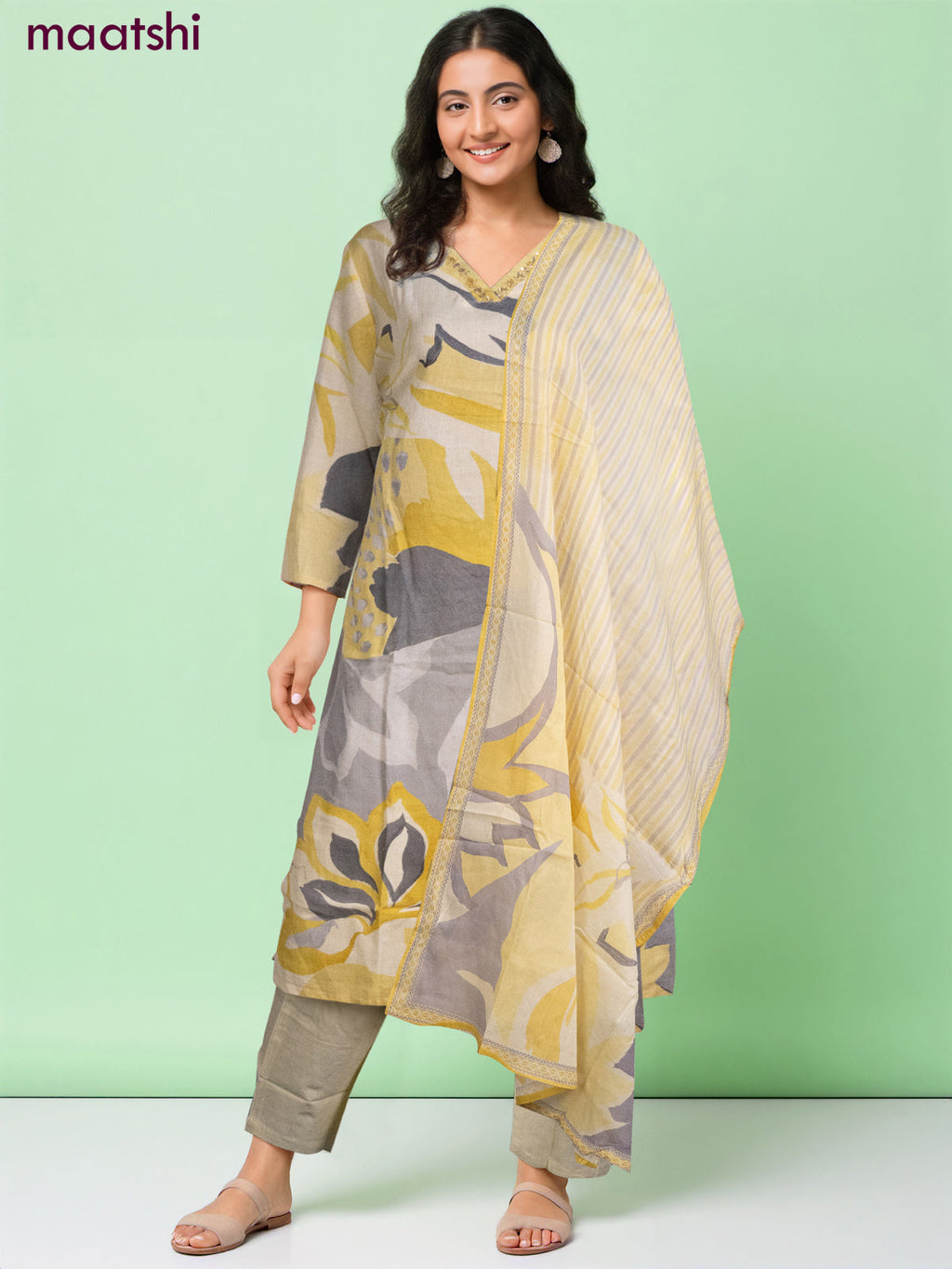 Cotton salwar suit cream with allover prints & embroidery sequin work v neck pattern and straight cut pant & dupatta