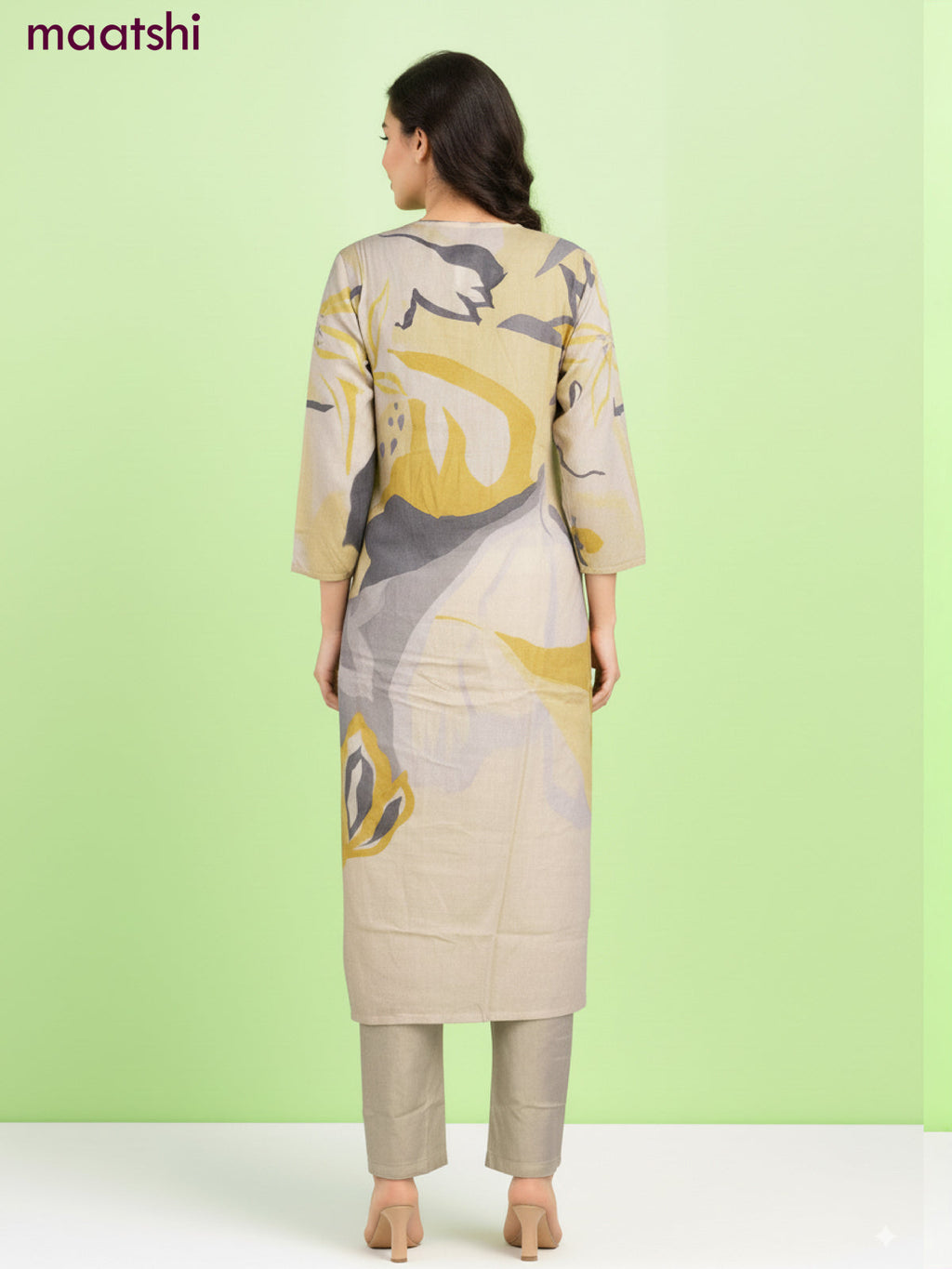 Cotton salwar suit cream with allover prints & embroidery sequin work v neck pattern and straight cut pant & dupatta