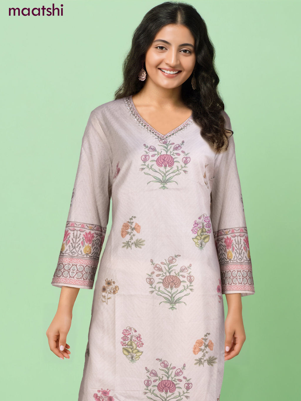 Cotton salwar suit beige with floral buttas & beaded mirror work v neck pattern and straight cut pant & dupatta