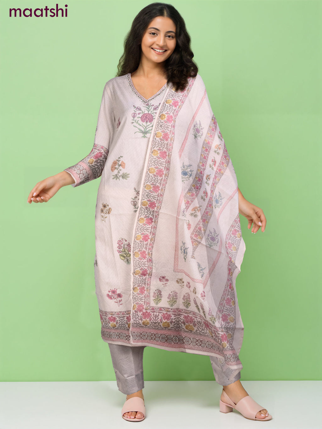 Cotton salwar suit beige with floral buttas & beaded mirror work v neck pattern and straight cut pant & dupatta