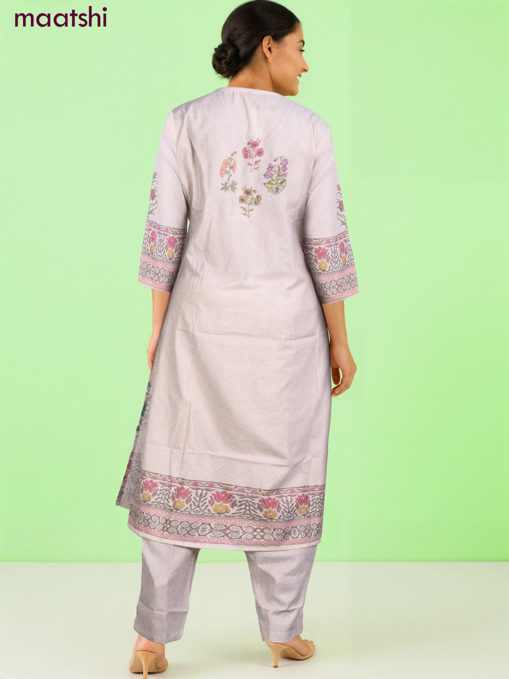 Cotton salwar suit beige with floral buttas & beaded mirror work v neck pattern and straight cut pant & dupatta