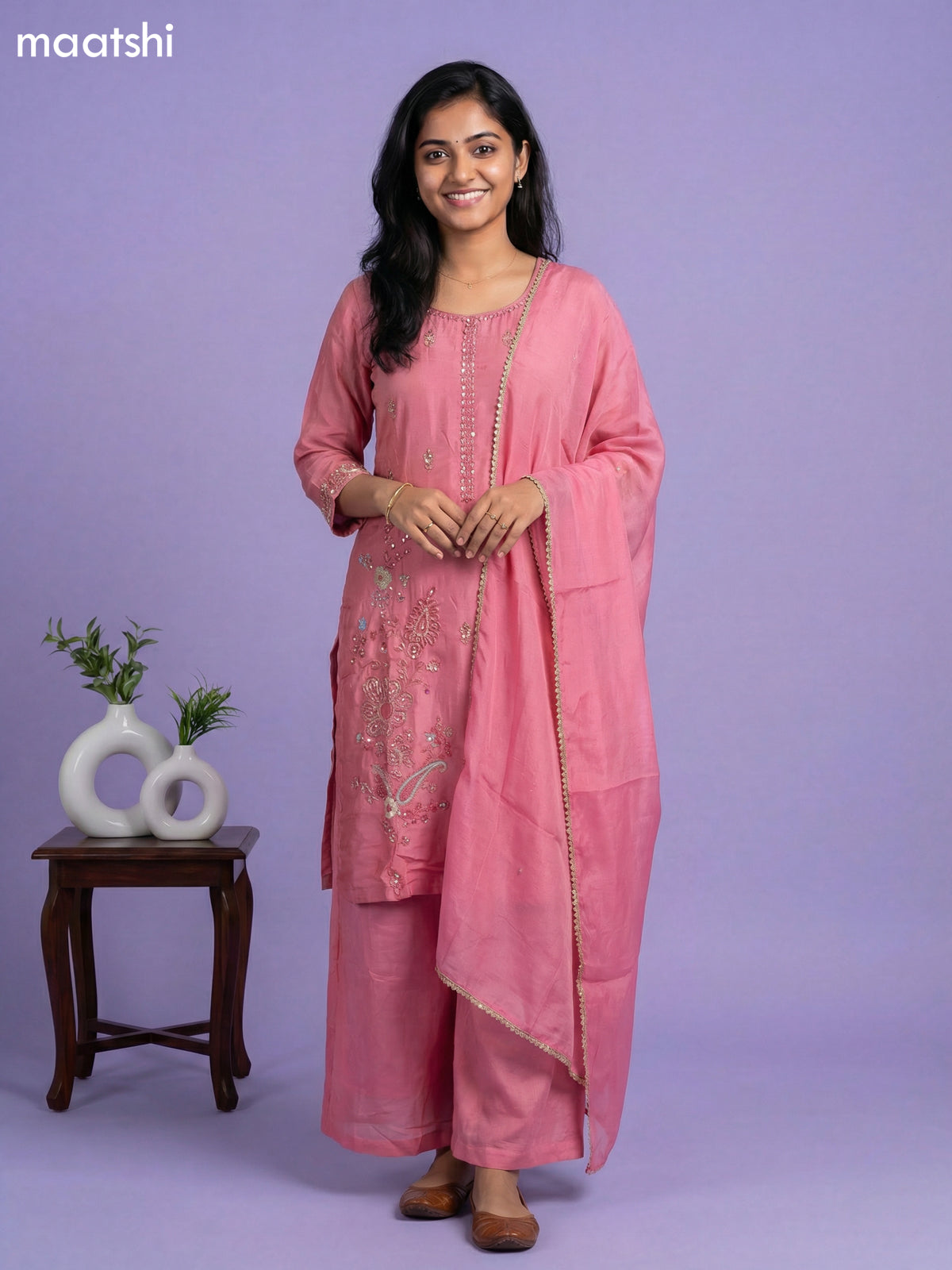 Peach Pink Chinnon Silk Embroidery Work Straight Suit