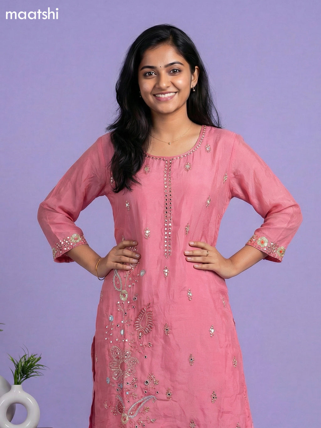 Peach Pink Chinnon Silk Embroidery Work Straight Suit