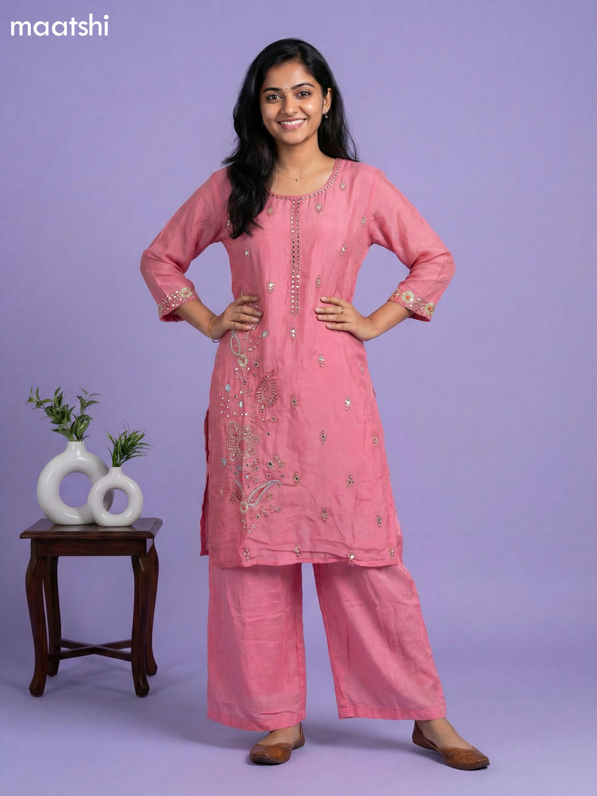 Peach Pink Chinnon Silk Embroidery Work Straight Suit