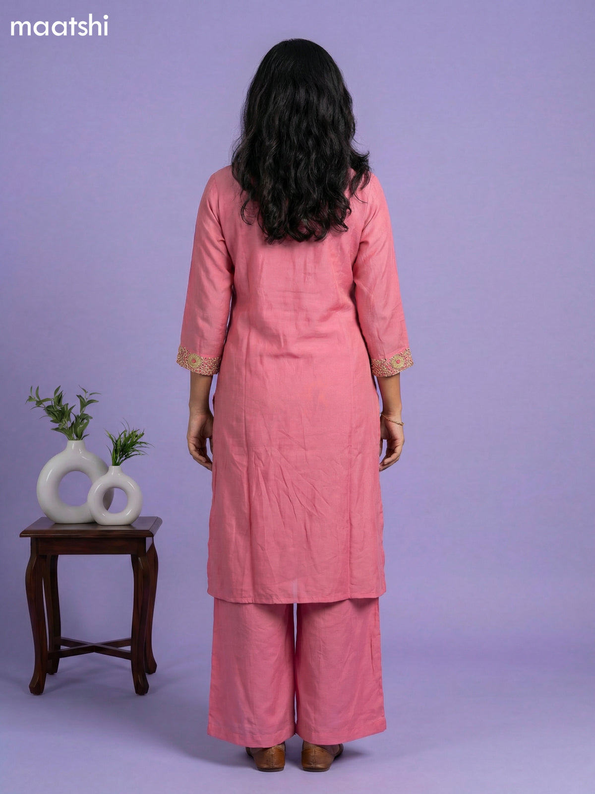 Peach Pink Chinnon Silk Embroidery Work Straight Suit