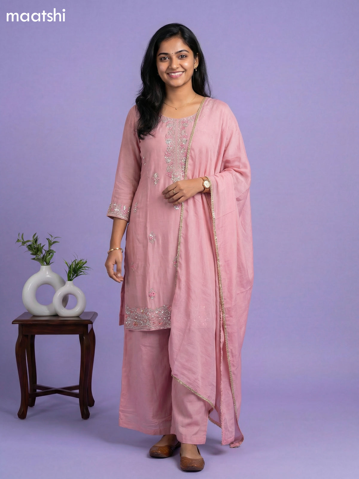 Baby Pink Chinnon Silk Embroidery Work Straight Suit