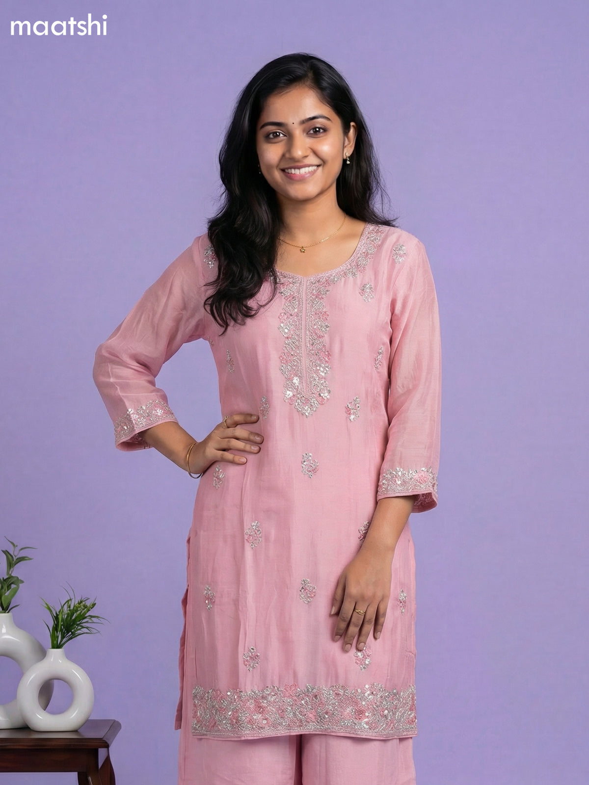 Baby Pink Chinnon Silk Embroidery Work Straight Suit