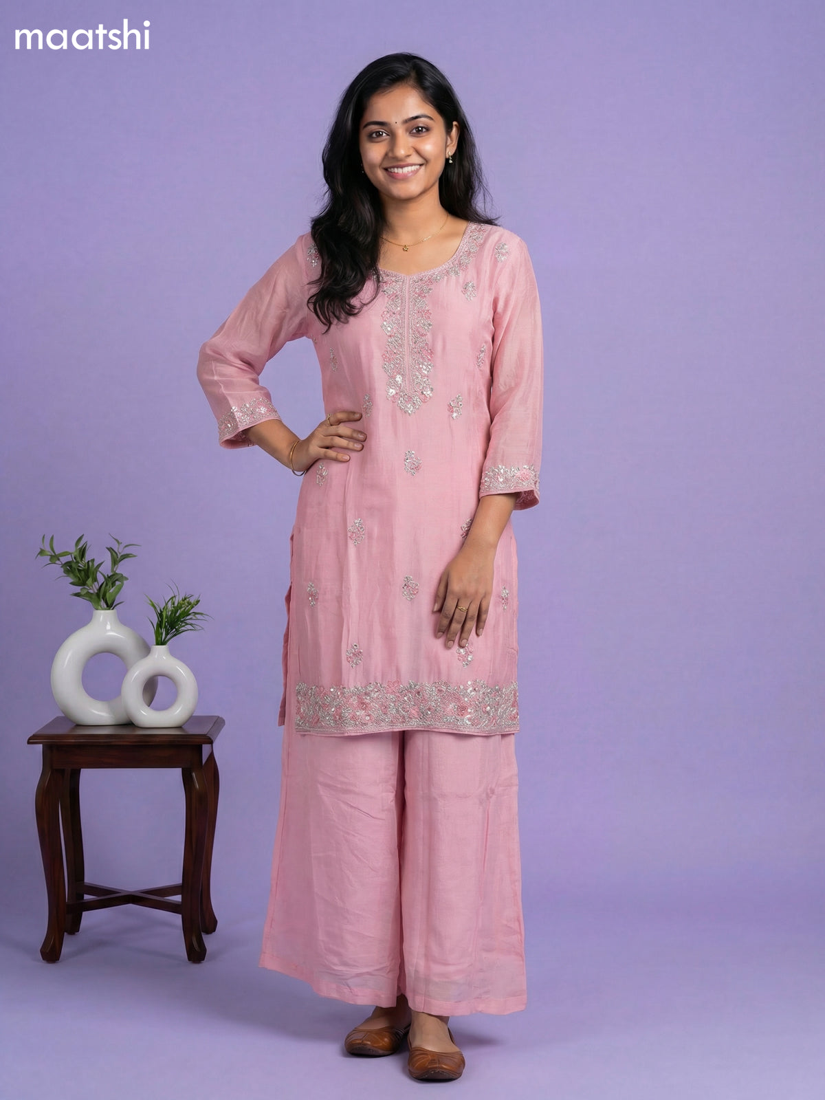 Baby Pink Chinnon Silk Embroidery Work Straight Suit