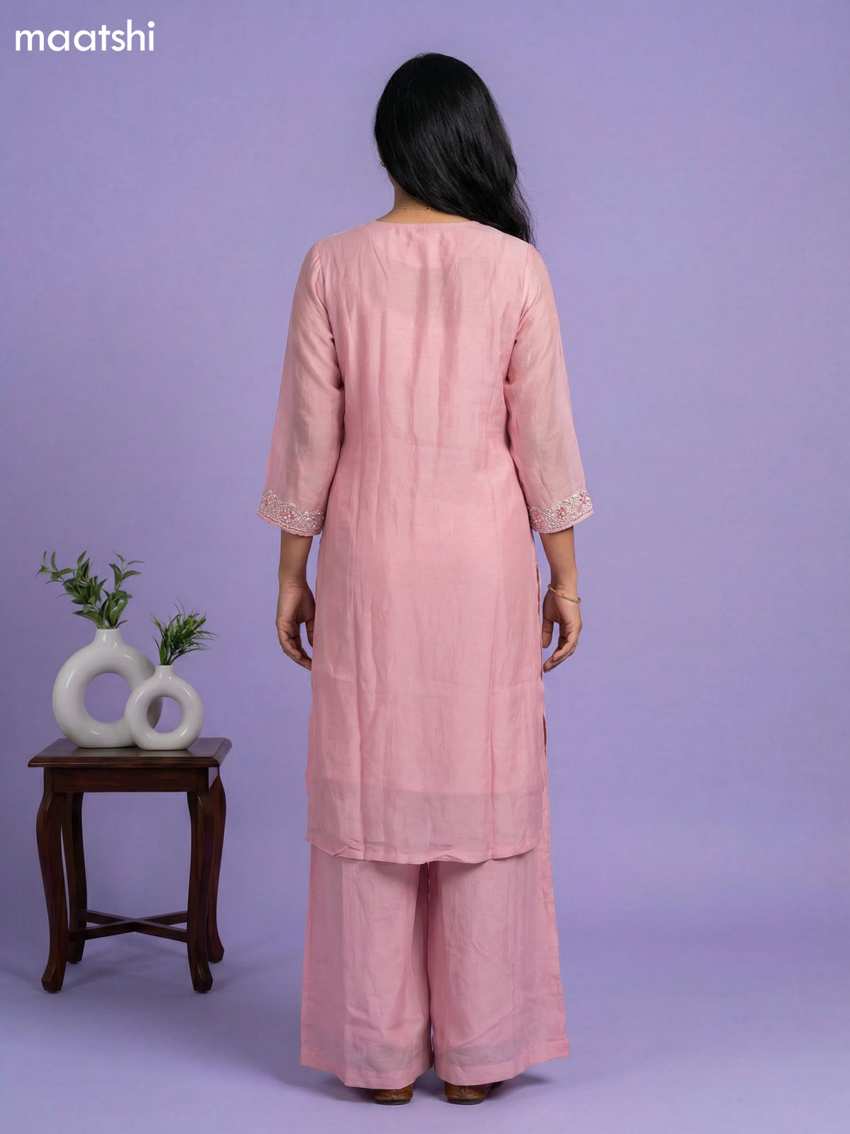 Baby Pink Chinnon Silk Embroidery Work Straight Suit