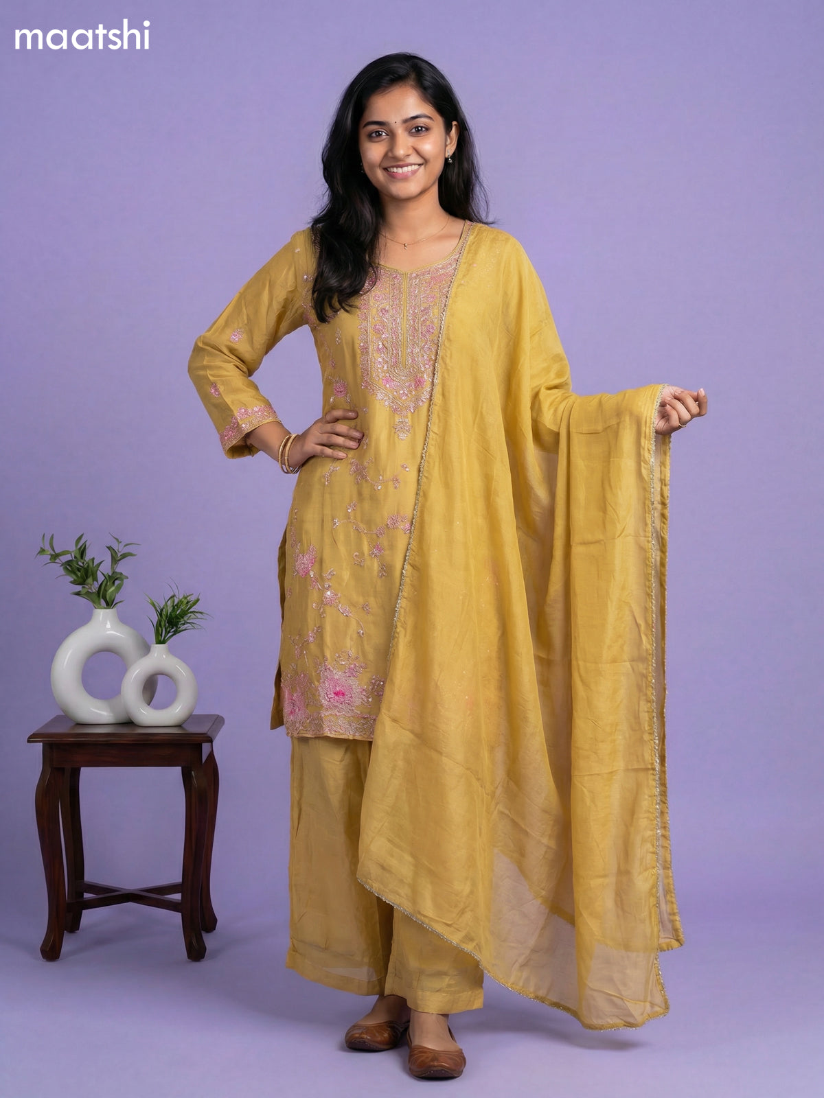 Mustard Yellow Chinnon Silk Embroidery Work Straight Suit