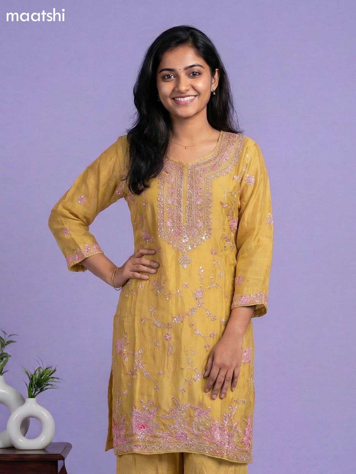 Mustard Yellow Chinnon Silk Embroidery Work Straight Suit