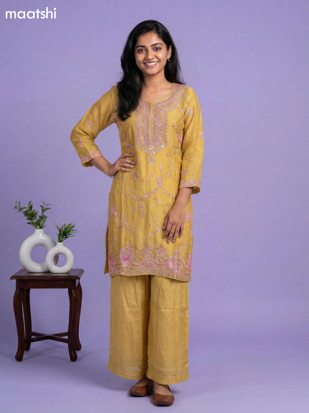 Mustard Yellow Chinnon Silk Embroidery Work Straight Suit