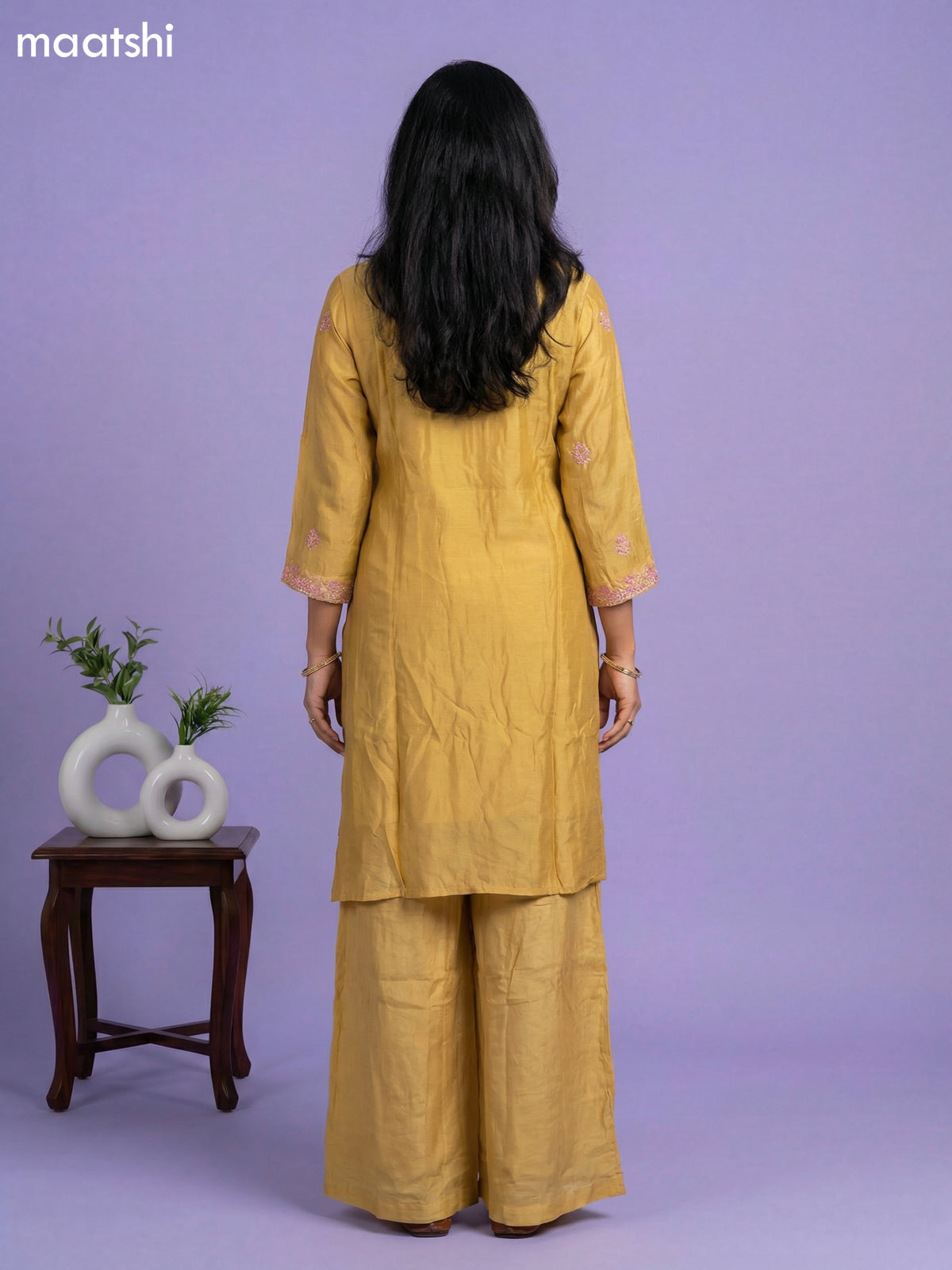 Mustard Yellow Chinnon Silk Embroidery Work Straight Suit