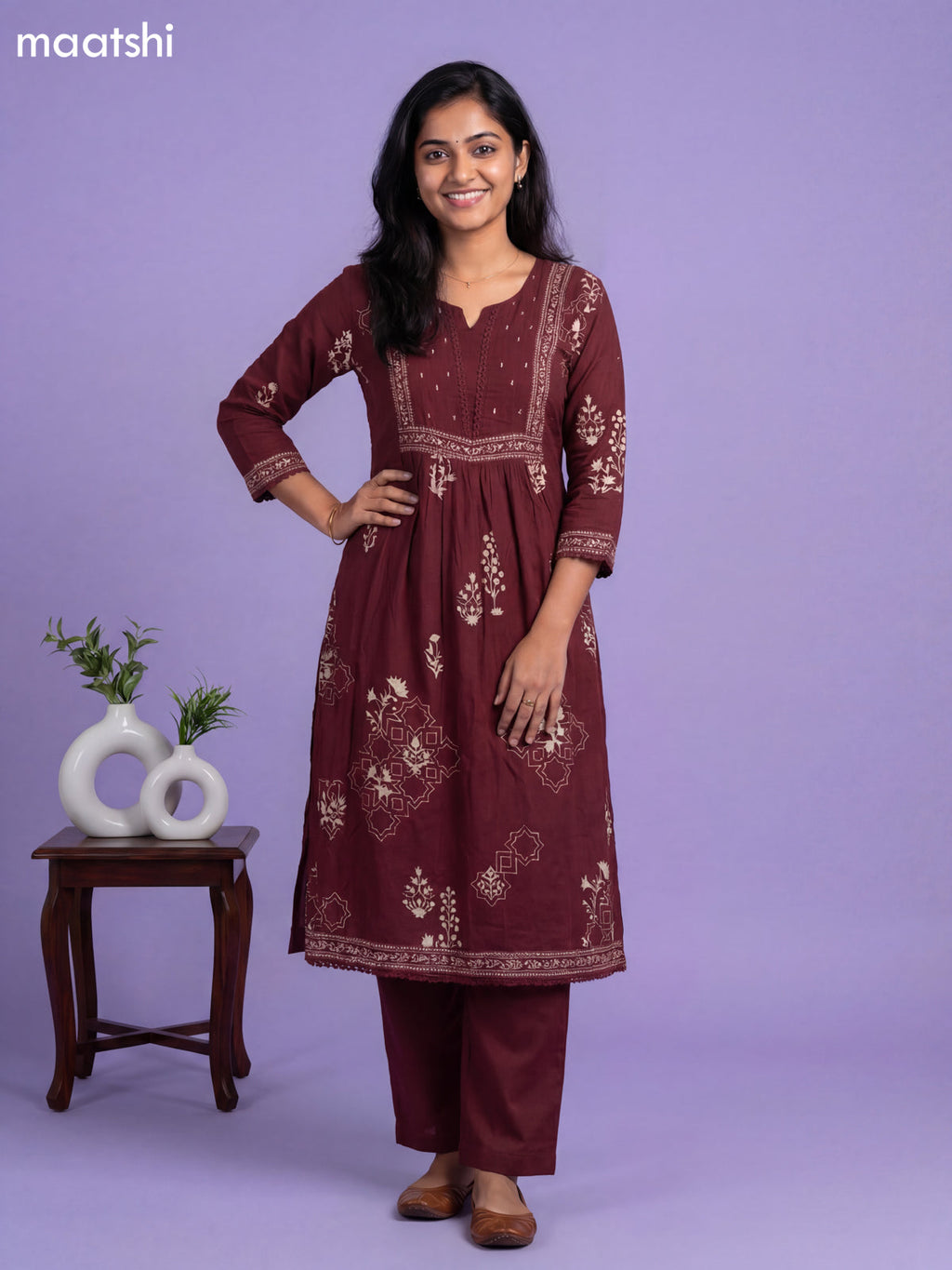 Deep Maroon Cotton Printed & Simple Embroidery Work A-Line Suit Straight Cut Pant