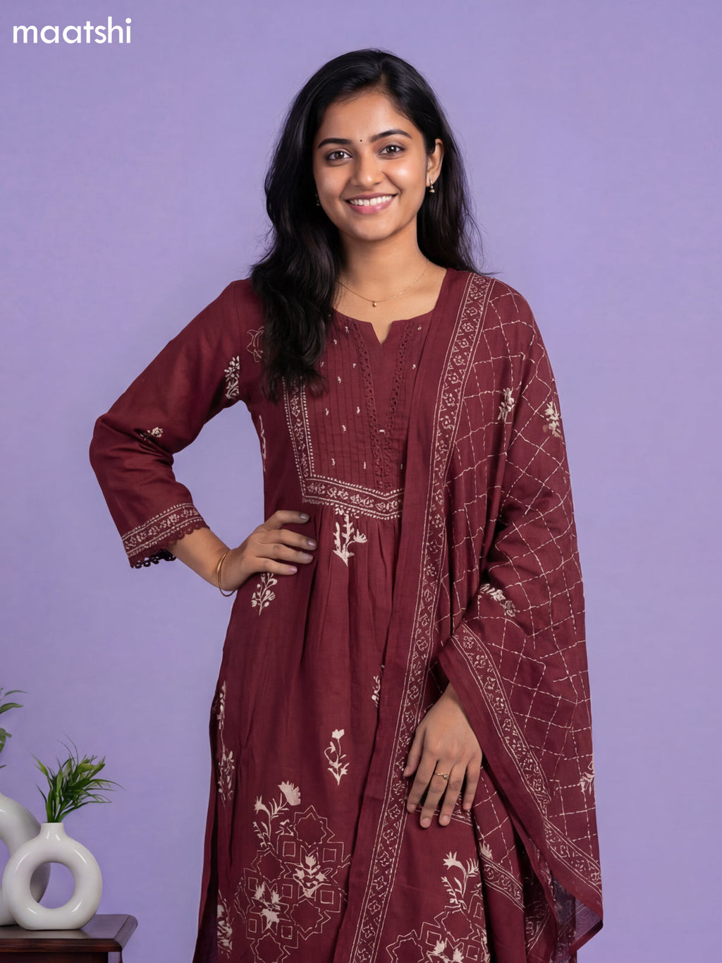 Deep Maroon Cotton Printed & Simple Embroidery Work A-Line Suit Straight Cut Pant